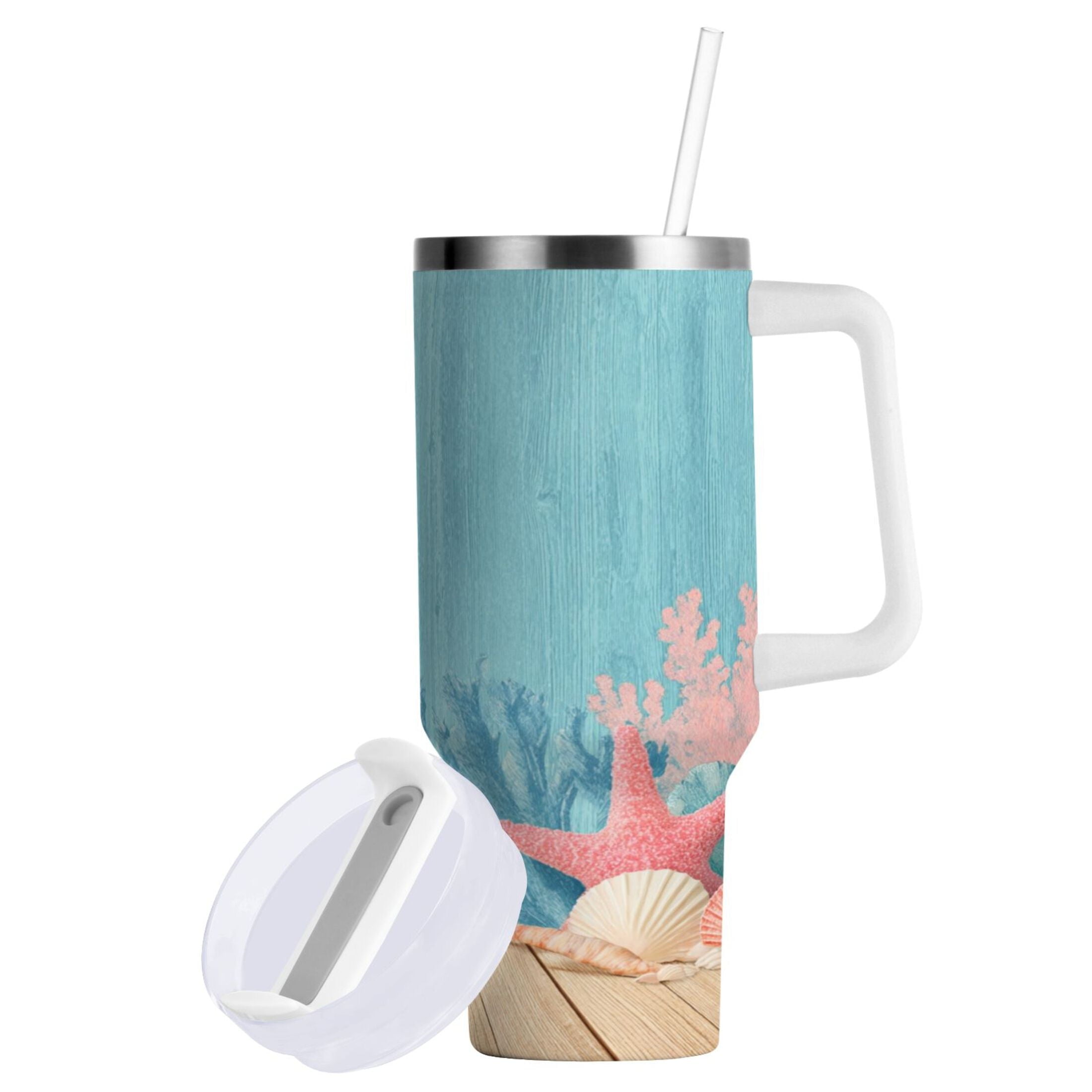 40 oz Insulated Stainless Steel Tumbler Double Wall Stainless Steel Tumbler with 2-Way Drinking Colorful Starfish and Seashells M636F