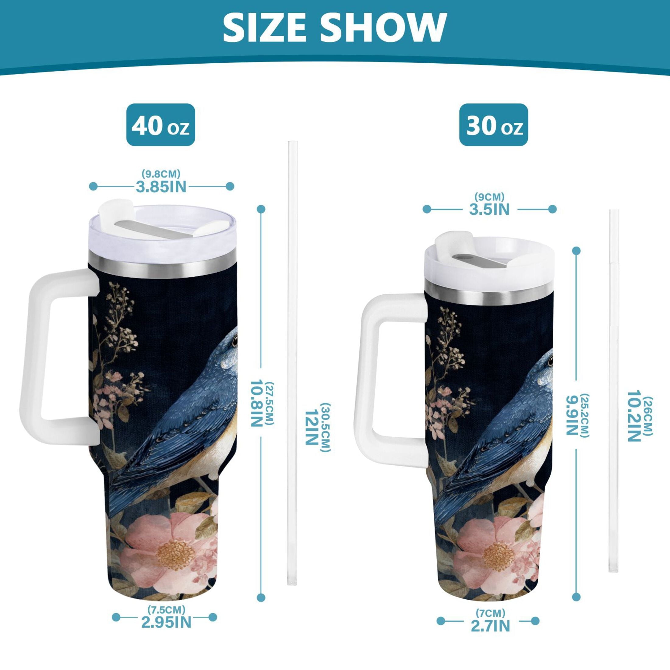 30 oz Insulated Stainless Steel Tumbler Double Wall Stainless Steel Tumbler with 2-Way Drinking Watercolor Vintage Blue Bird M466H