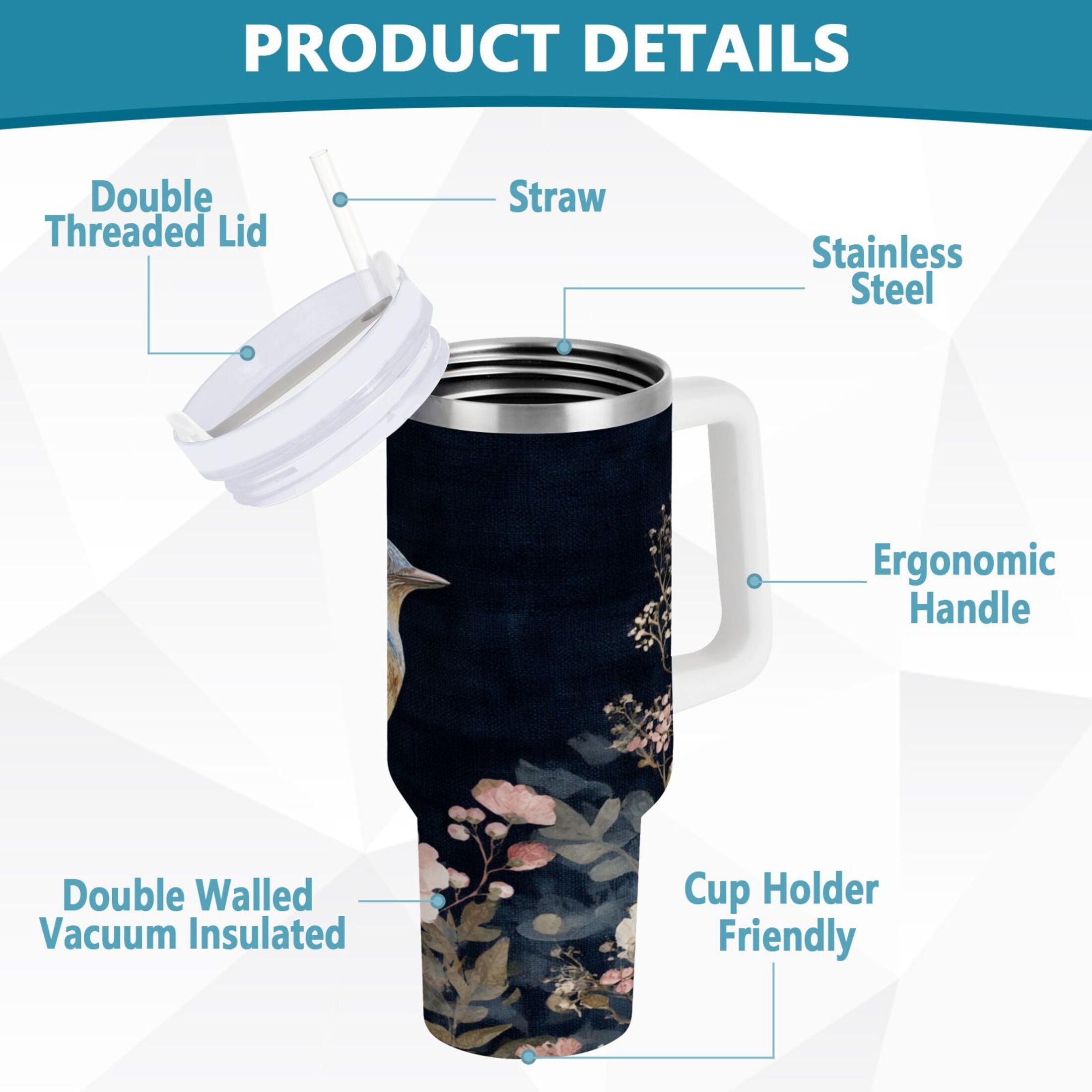 30 oz Insulated Stainless Steel Tumbler Double Wall Stainless Steel Tumbler with 2-Way Drinking Watercolor Vintage Blue Bird M466H