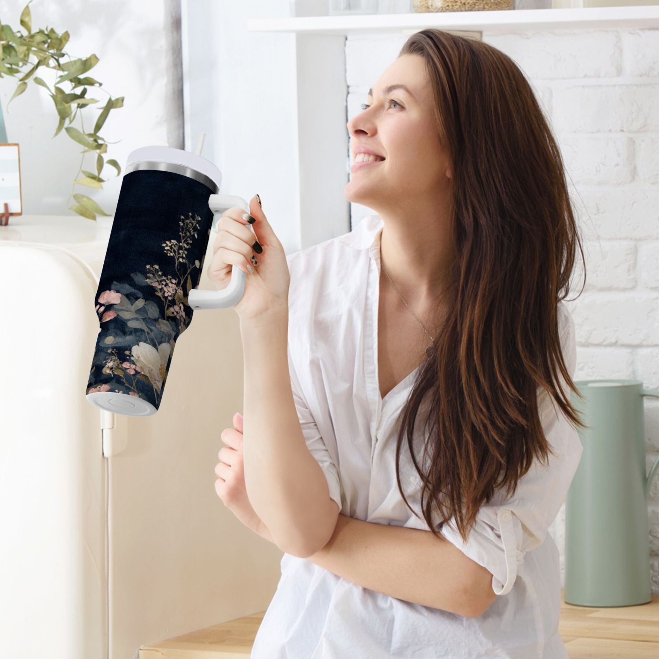 30 oz Insulated Stainless Steel Tumbler Double Wall Stainless Steel Tumbler with 2-Way Drinking Watercolor Vintage Blue Bird M466H