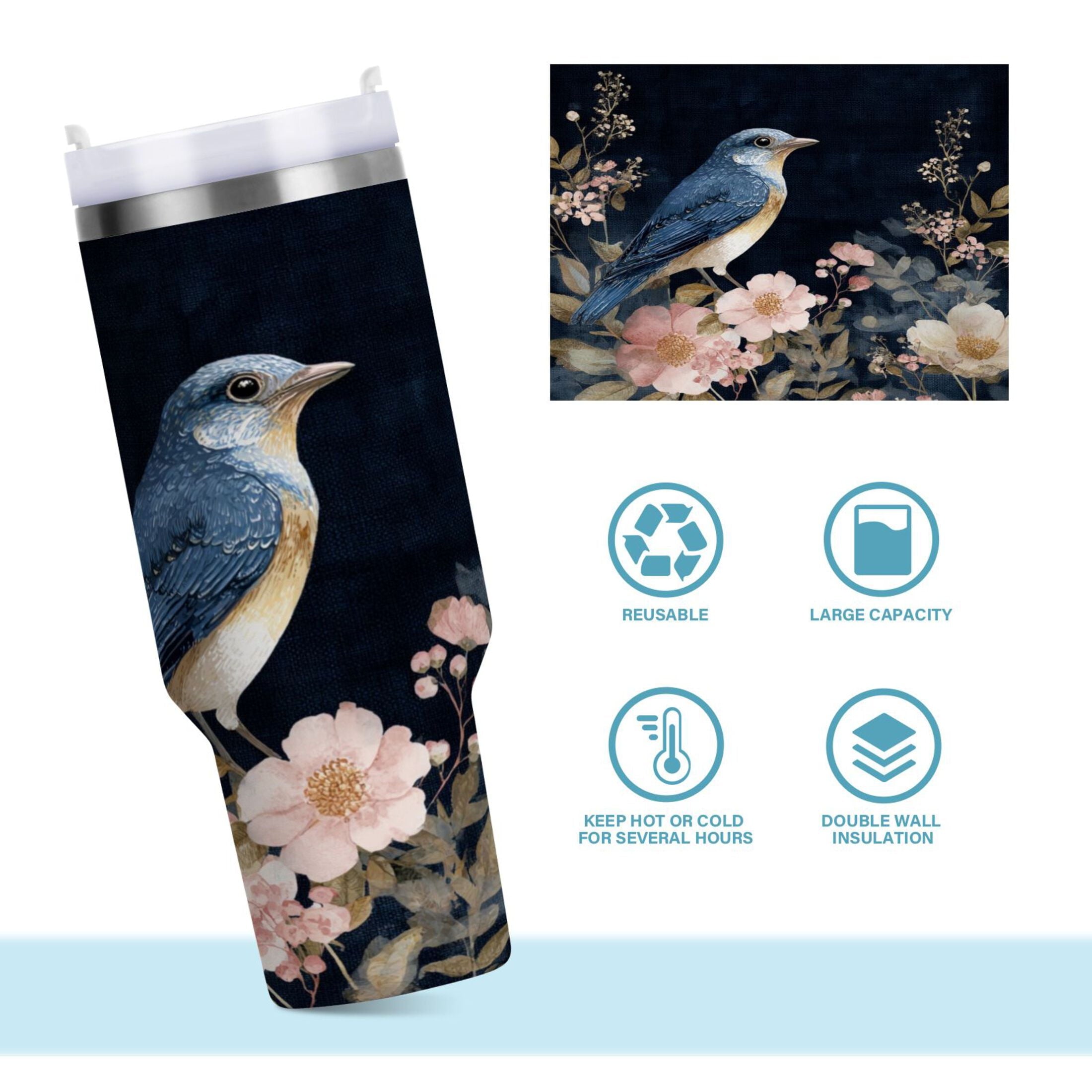 30 oz Insulated Stainless Steel Tumbler Double Wall Stainless Steel Tumbler with 2-Way Drinking Watercolor Vintage Blue Bird M466H