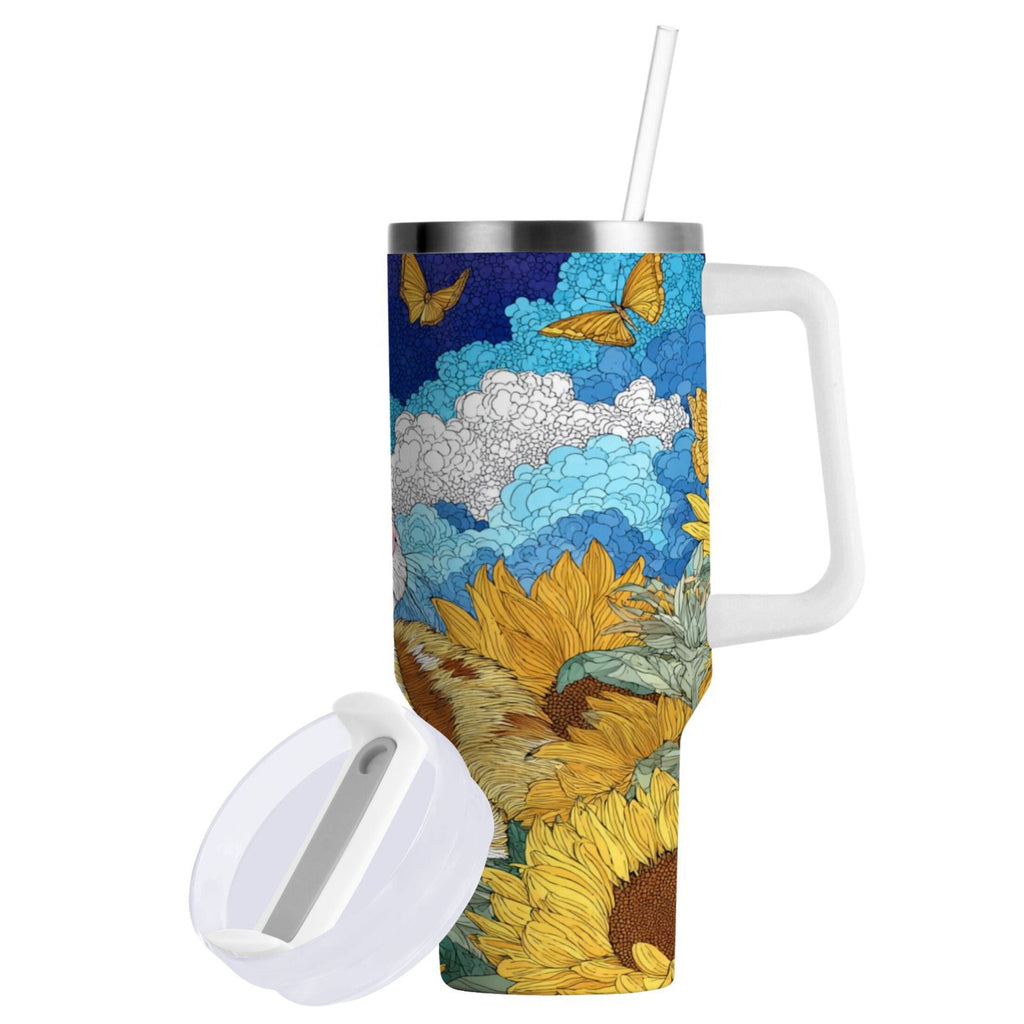 40 oz Insulated Stainless Steel Tumbler Double Wall Stainless Steel Tumbler with 2-Way Drinking Cat Lies in The Sunflowers M651S