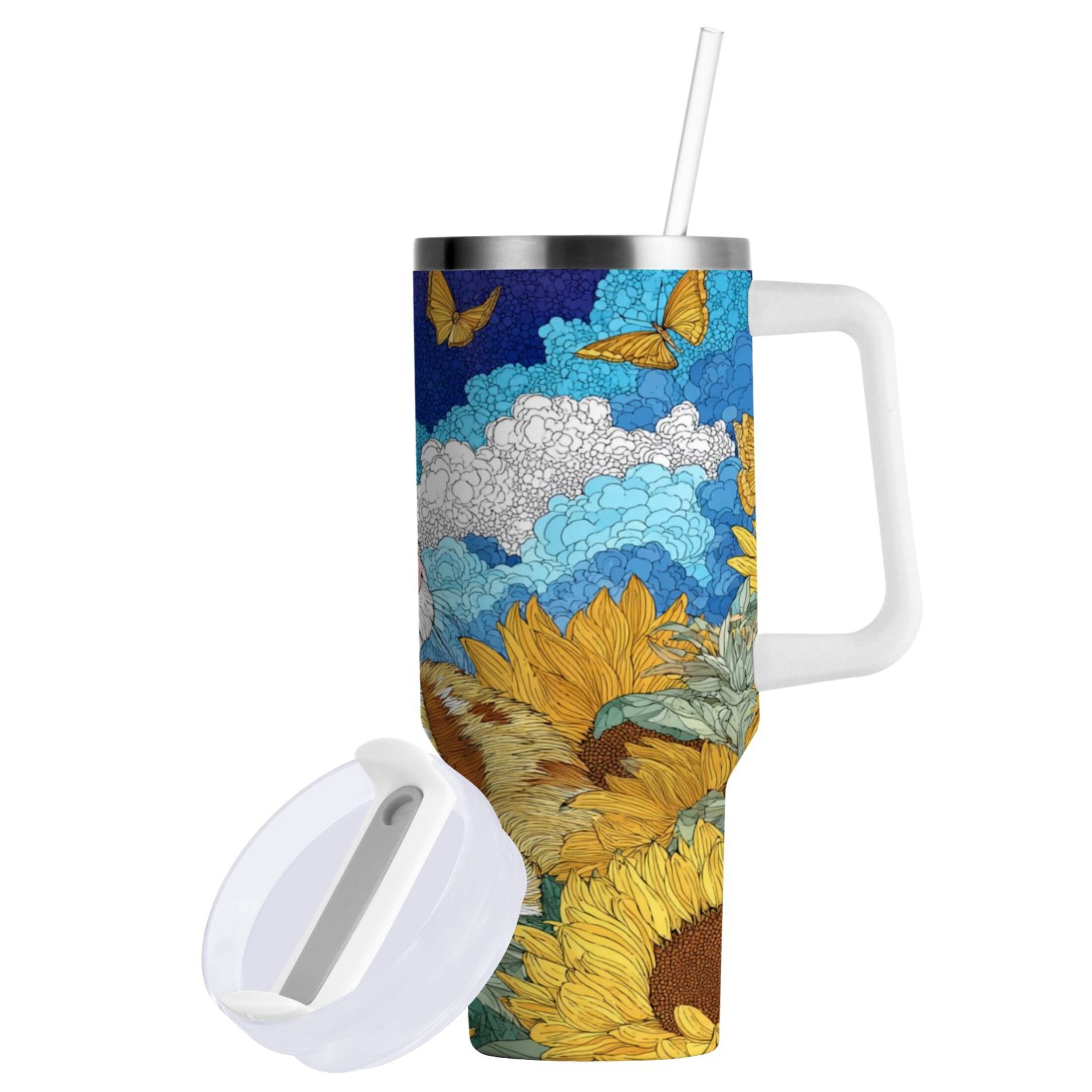 40 oz Insulated Stainless Steel Tumbler Double Wall Stainless Steel Tumbler with 2-Way Drinking Cat Lies in The Sunflowers M651S
