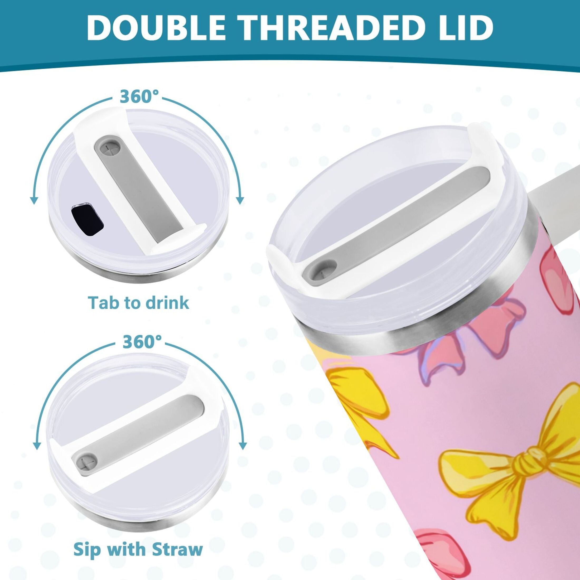 30 oz Insulated Stainless Steel Tumbler Double Wall Stainless Steel Tumbler with 2-Way Drinking Yellow and Pink Bows M566X