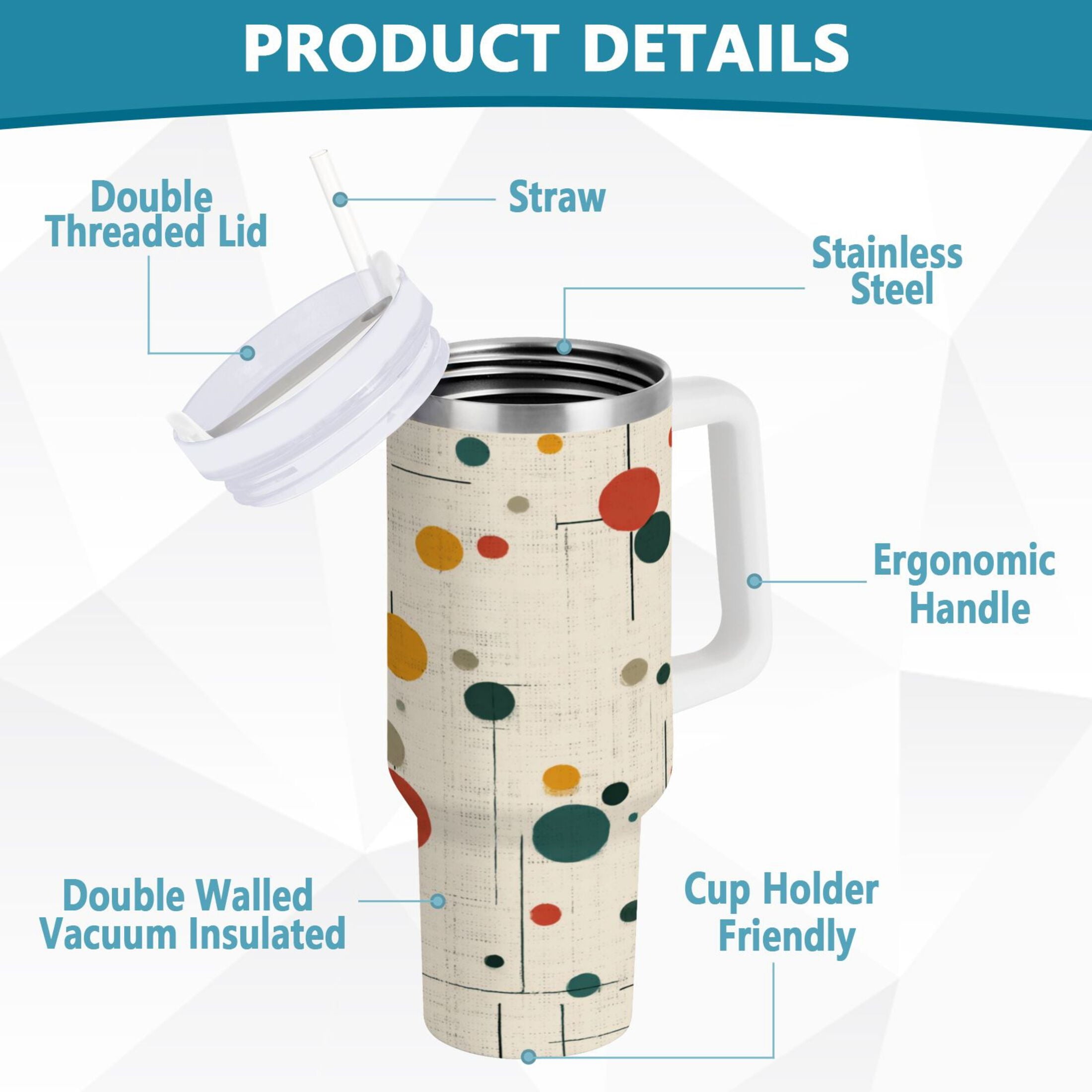 30 oz Insulated Stainless Steel Tumbler Double Wall Stainless Steel Tumbler with 2-Way Drinking Colorful Dots and Lines M646C
