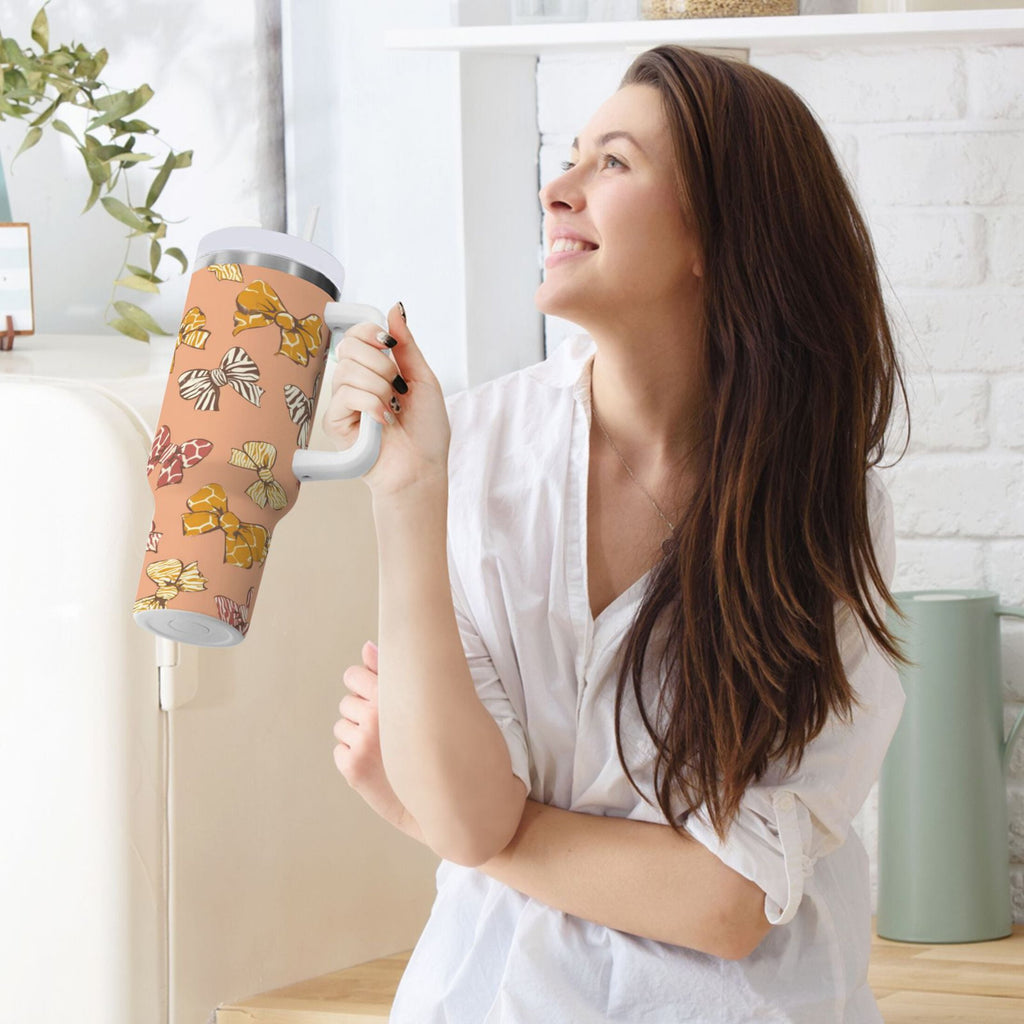 40 oz Insulated Stainless Steel Tumbler Double Wall Stainless Steel Tumbler with 2-Way Drinking Cute Animal Print Bows M678Y