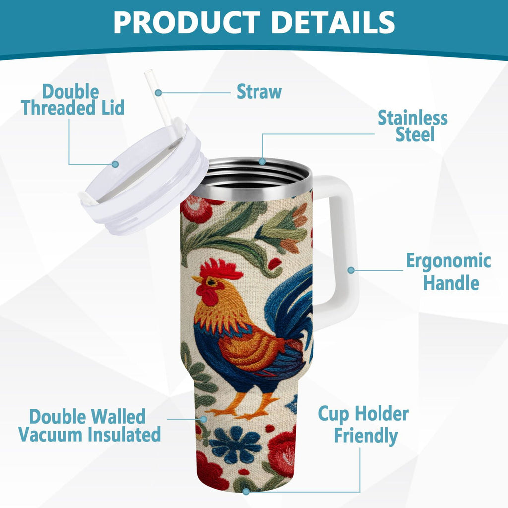 40 oz Insulated Stainless Steel Tumbler Double Wall Stainless Steel Tumbler with 2-Way Drinking Male and Female Chickens M440E