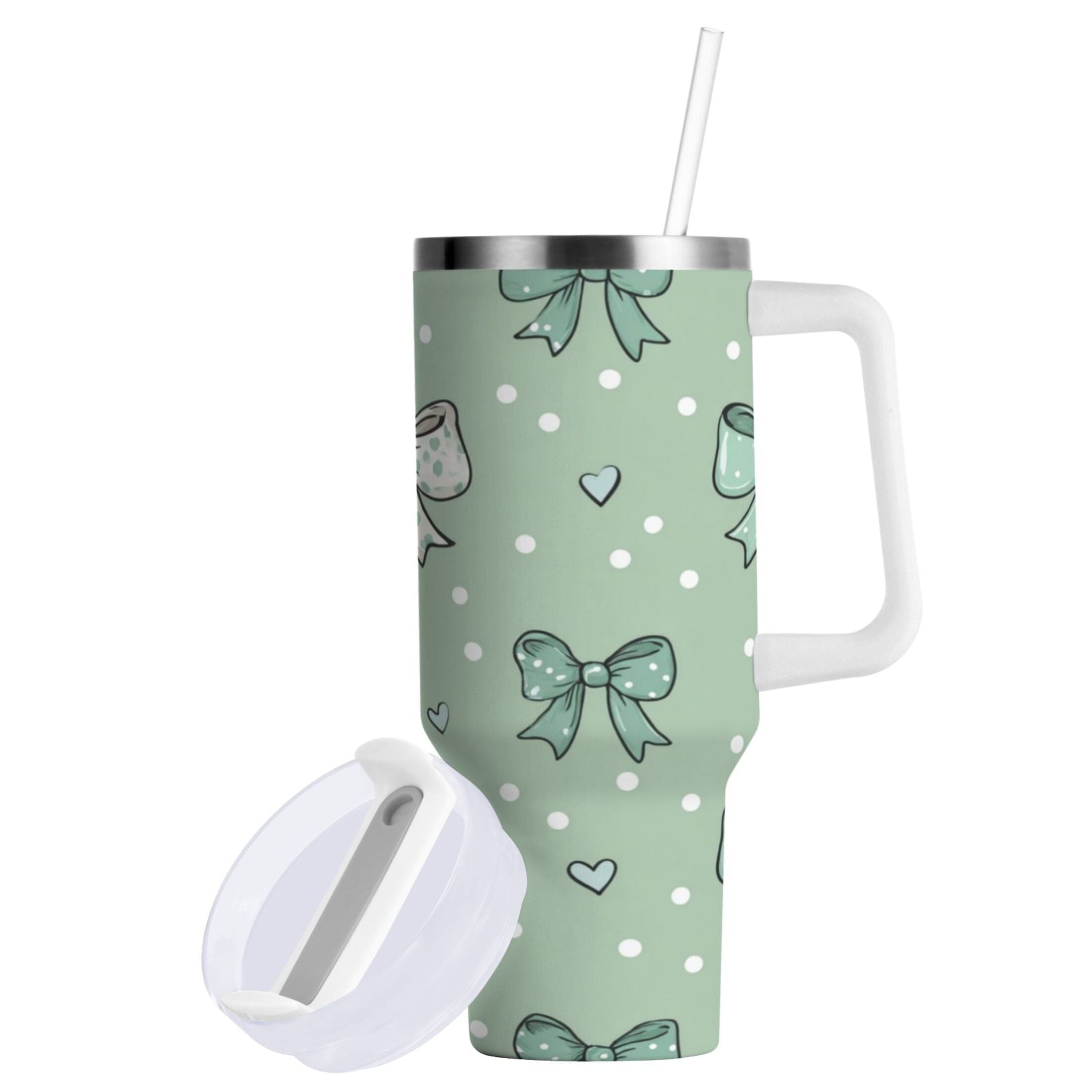 30 oz Insulated Stainless Steel Tumbler Double Wall Stainless Steel Tumbler with 2-Way Drinking Green and Mint Bows M559Y