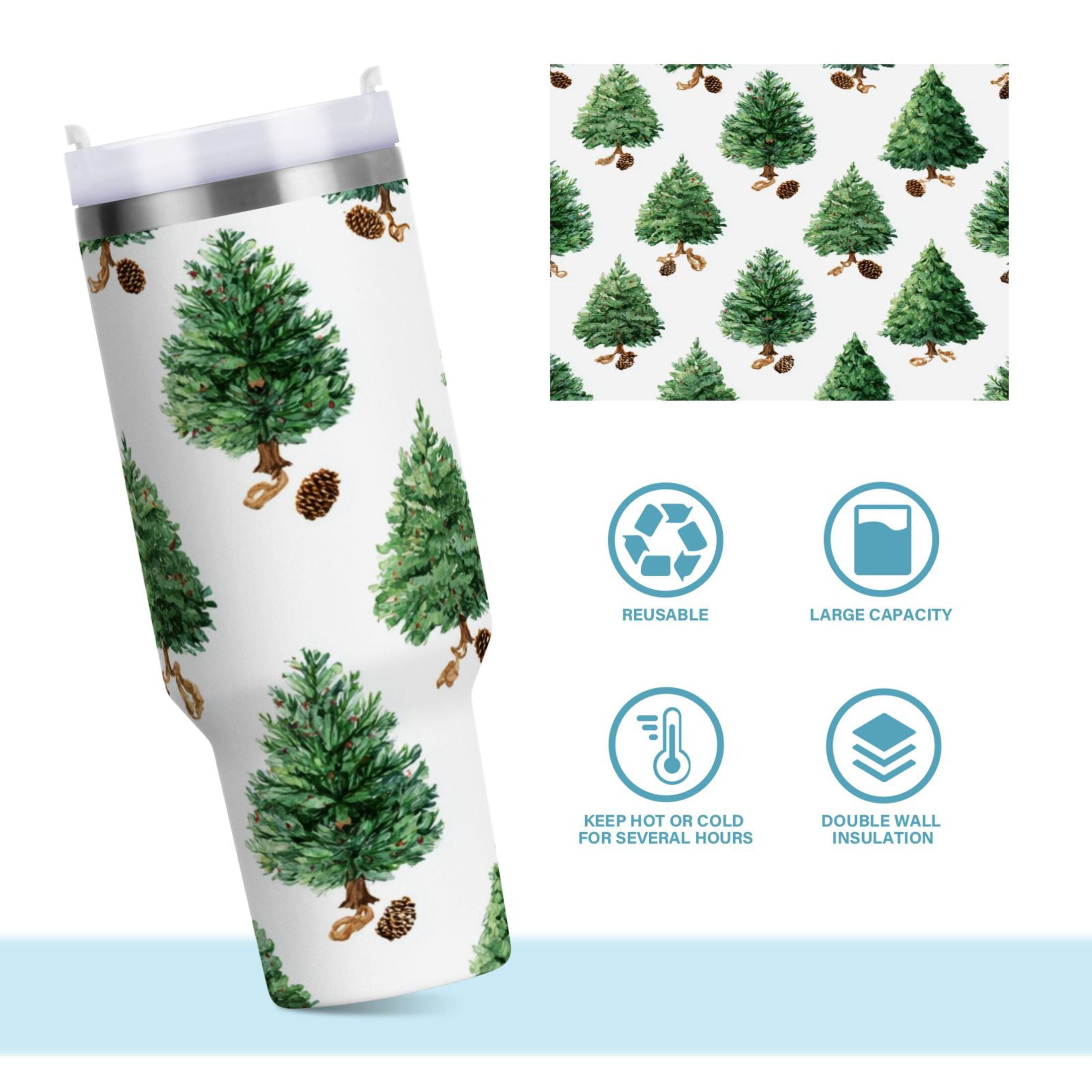 30 oz Insulated Stainless Steel Tumbler Double Wall Stainless Steel Tumbler with 2-Way Drinking Watercolor Green Christmas Tree M533J