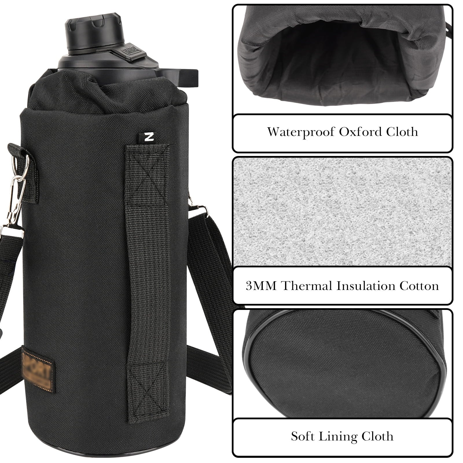 Linkidea Sports Water Bottle Carrier with Strap Compatible with Nalgene Sustain Tritan 48oz, CamelBak Chute Mag 50oz, Thick Waterbottle Cooler Bag Holder Shoulder Strap, Black M216J