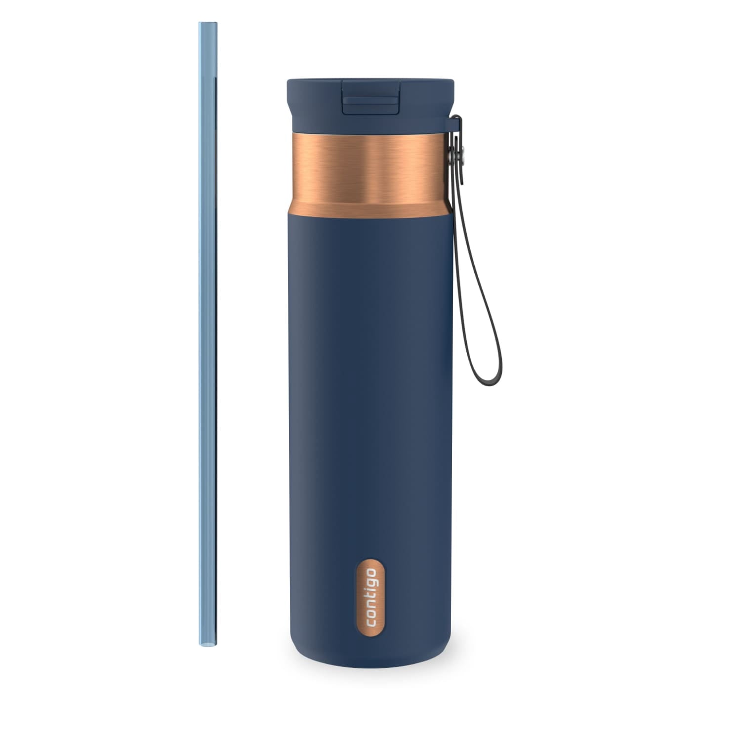 Contigo SnapSeal Leakproof Stainless Steel Reusable Water Bottle with Carrying Strap, Dark Blue/Bronze, 24 oz M24M
