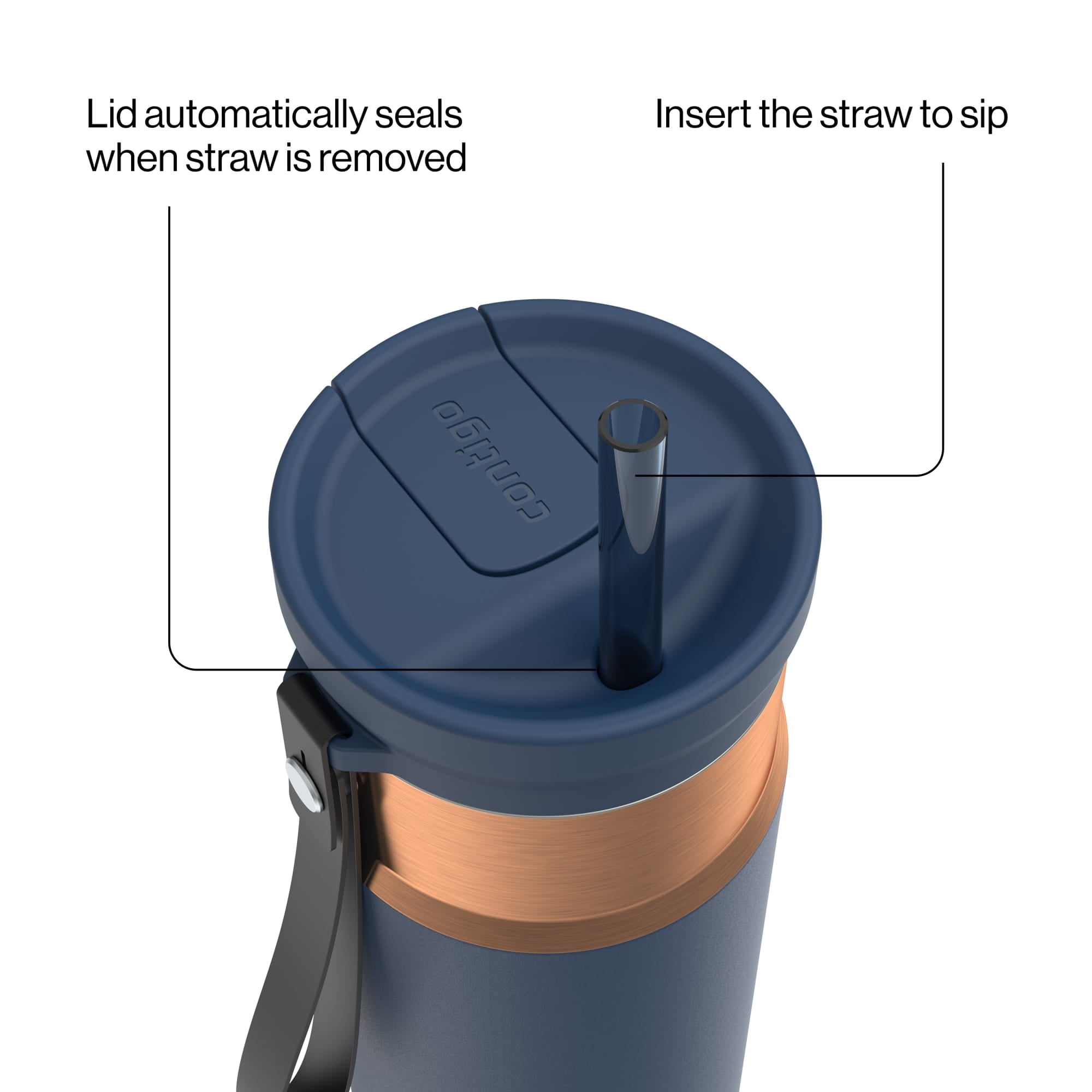 Contigo SnapSeal Leakproof Stainless Steel Reusable Water Bottle with Carrying Strap, Dark Blue/Bronze, 24 oz M24M