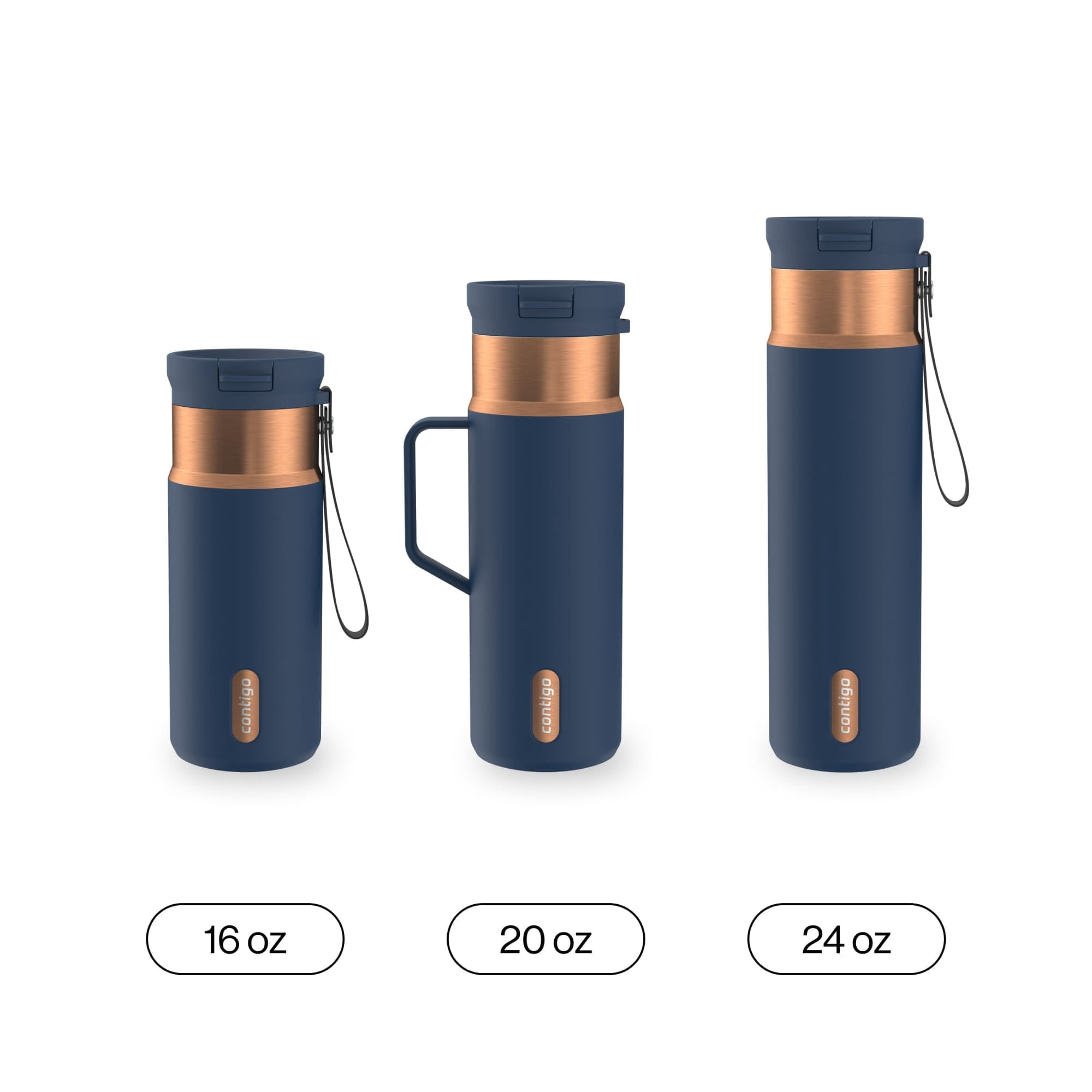 Contigo SnapSeal Leakproof Stainless Steel Reusable Water Bottle with Carrying Strap, Dark Blue/Bronze, 24 oz M24M