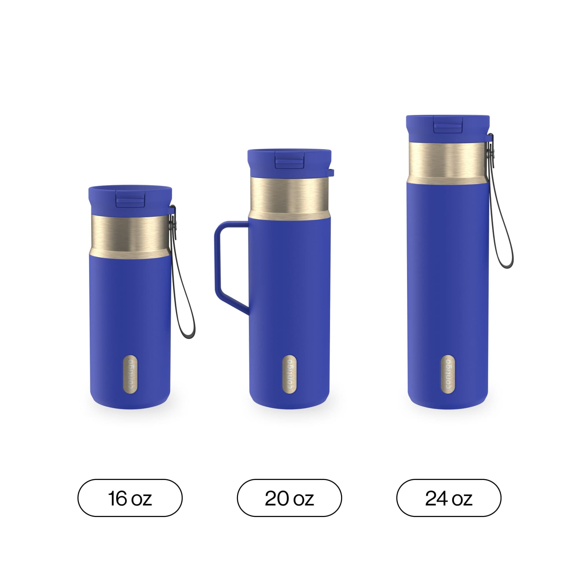 Contigo SnapSeal Leakproof Stainless Steel Reusable Water Bottle with Carrying Strap, Dark Blue/Bronze, 24 oz M24M