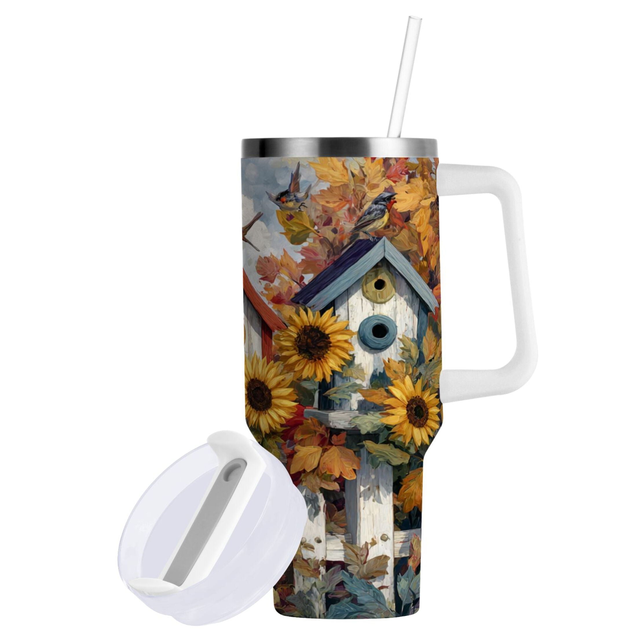 30 oz Insulated Stainless Steel Tumbler Double Wall Stainless Steel Tumbler with 2-Way Drinking Birdhouses with Sunflowers M474A