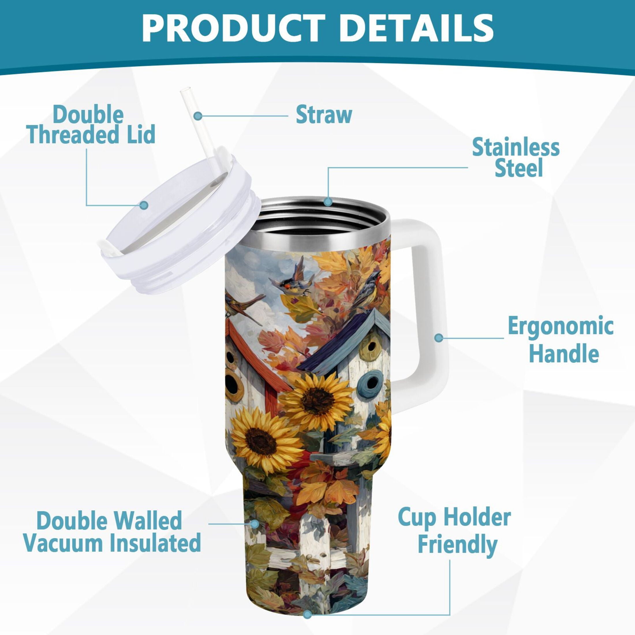 30 oz Insulated Stainless Steel Tumbler Double Wall Stainless Steel Tumbler with 2-Way Drinking Birdhouses with Sunflowers M474A