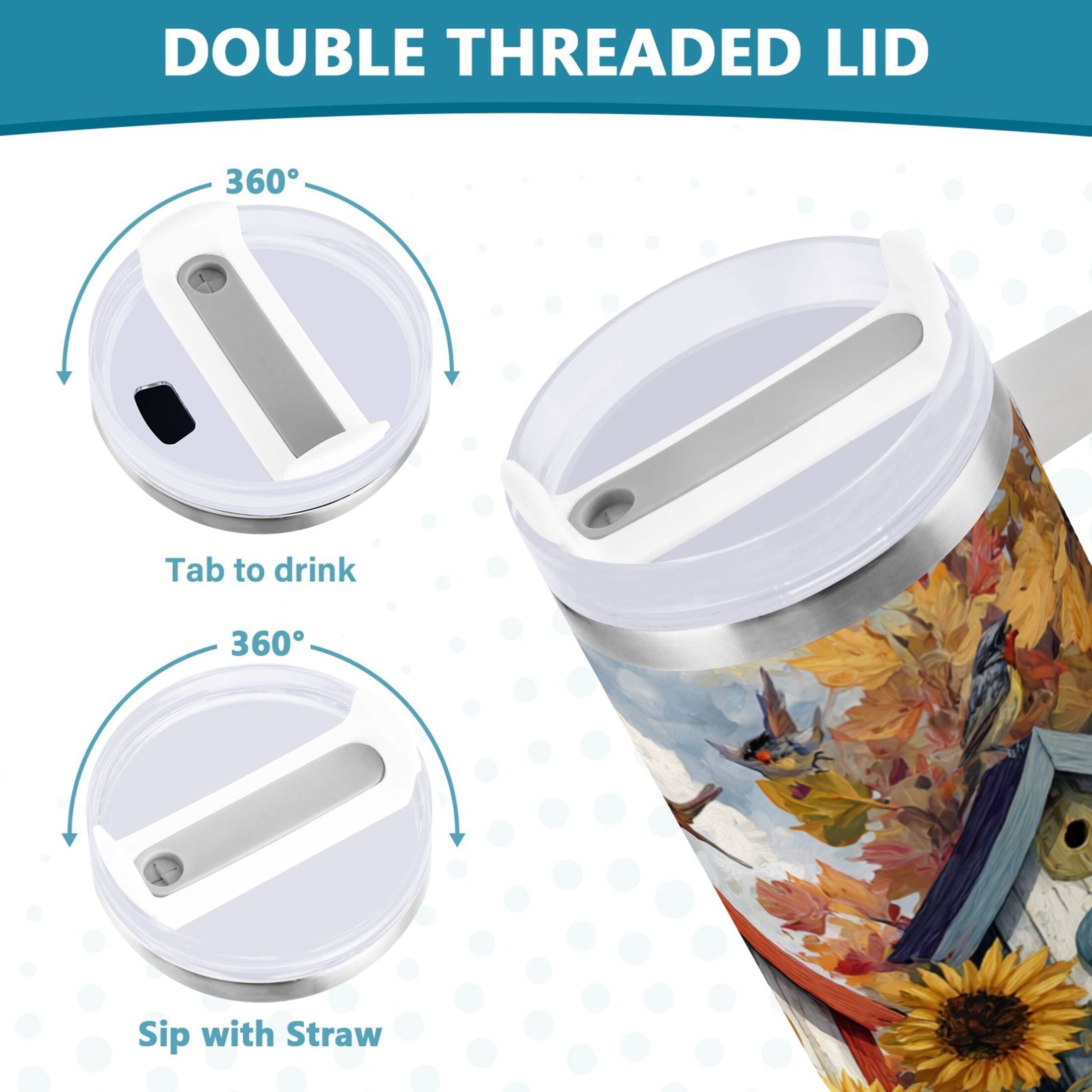 30 oz Insulated Stainless Steel Tumbler Double Wall Stainless Steel Tumbler with 2-Way Drinking Birdhouses with Sunflowers M474A