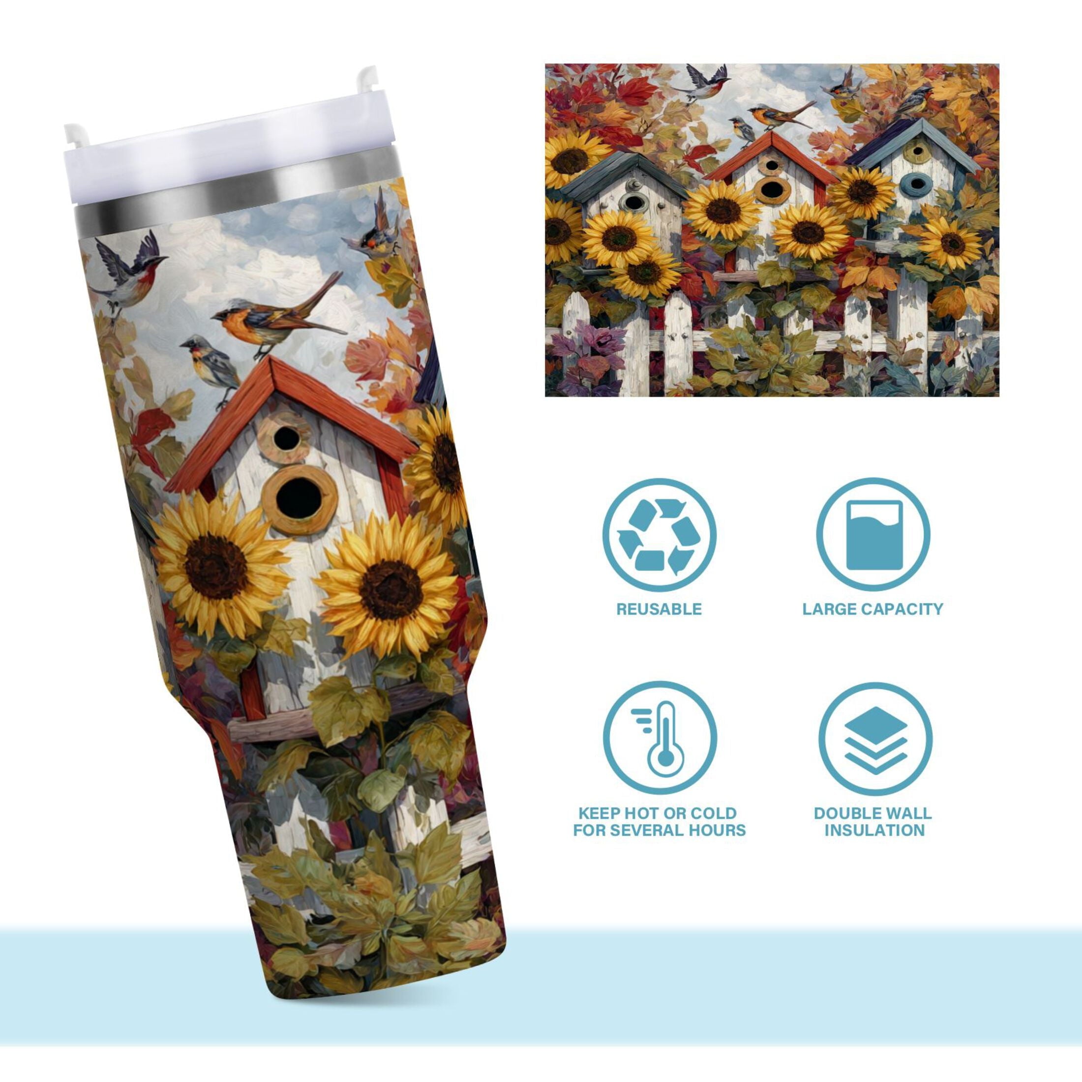 30 oz Insulated Stainless Steel Tumbler Double Wall Stainless Steel Tumbler with 2-Way Drinking Birdhouses with Sunflowers M474A