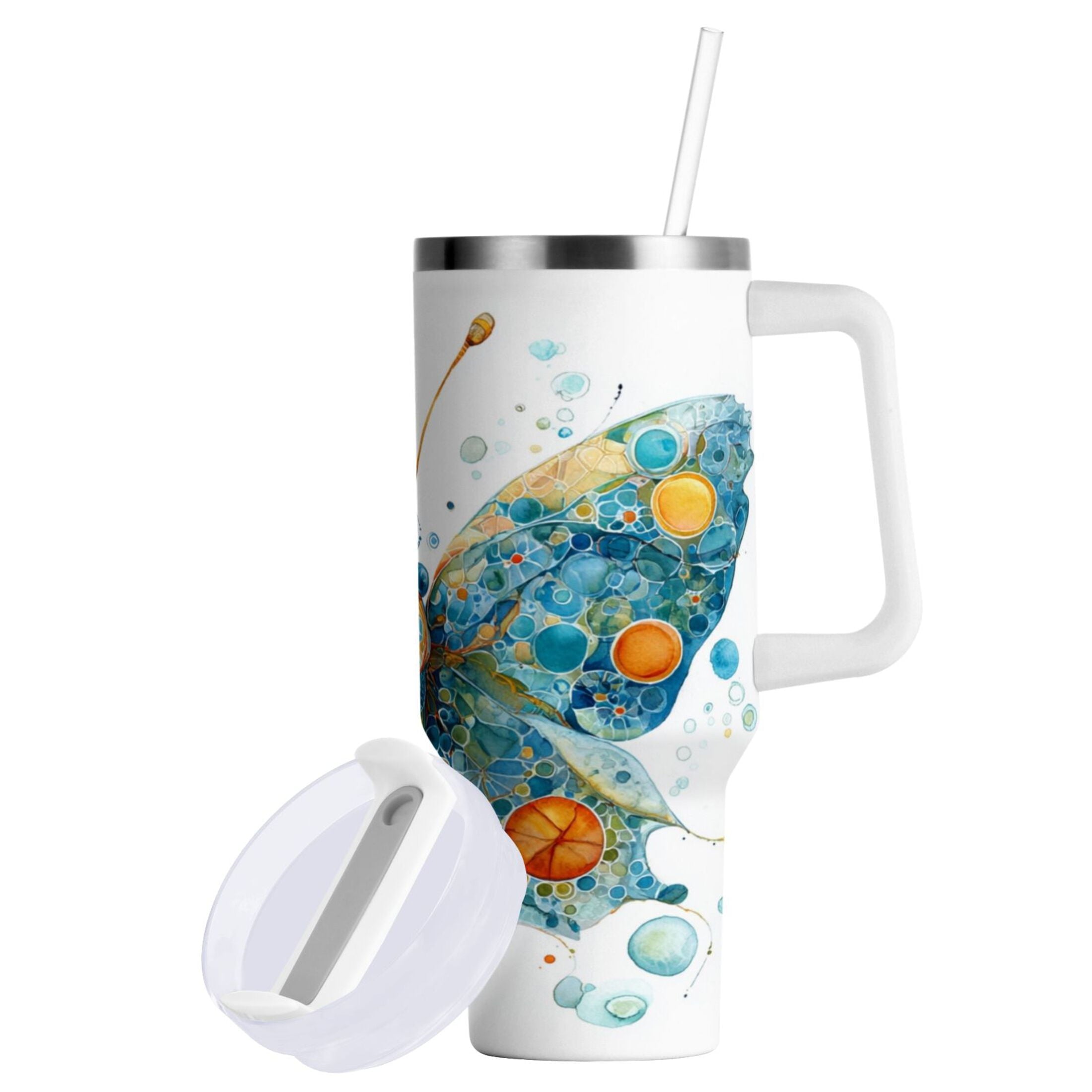 40 oz Insulated Stainless Steel Tumbler Double Wall Stainless Steel Tumbler with 2-Way Drinking Intricately Butterfly M484V