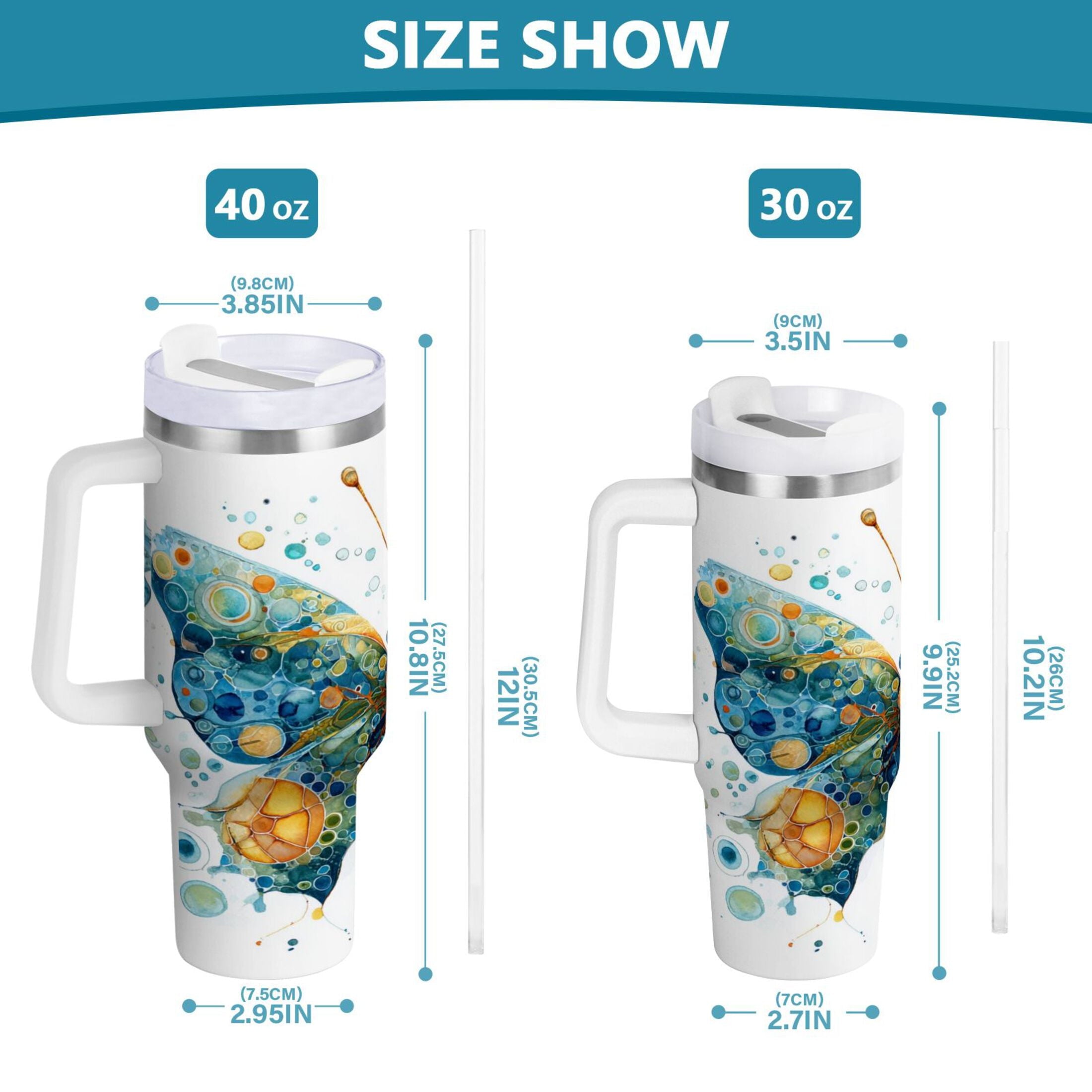 40 oz Insulated Stainless Steel Tumbler Double Wall Stainless Steel Tumbler with 2-Way Drinking Intricately Butterfly M484V