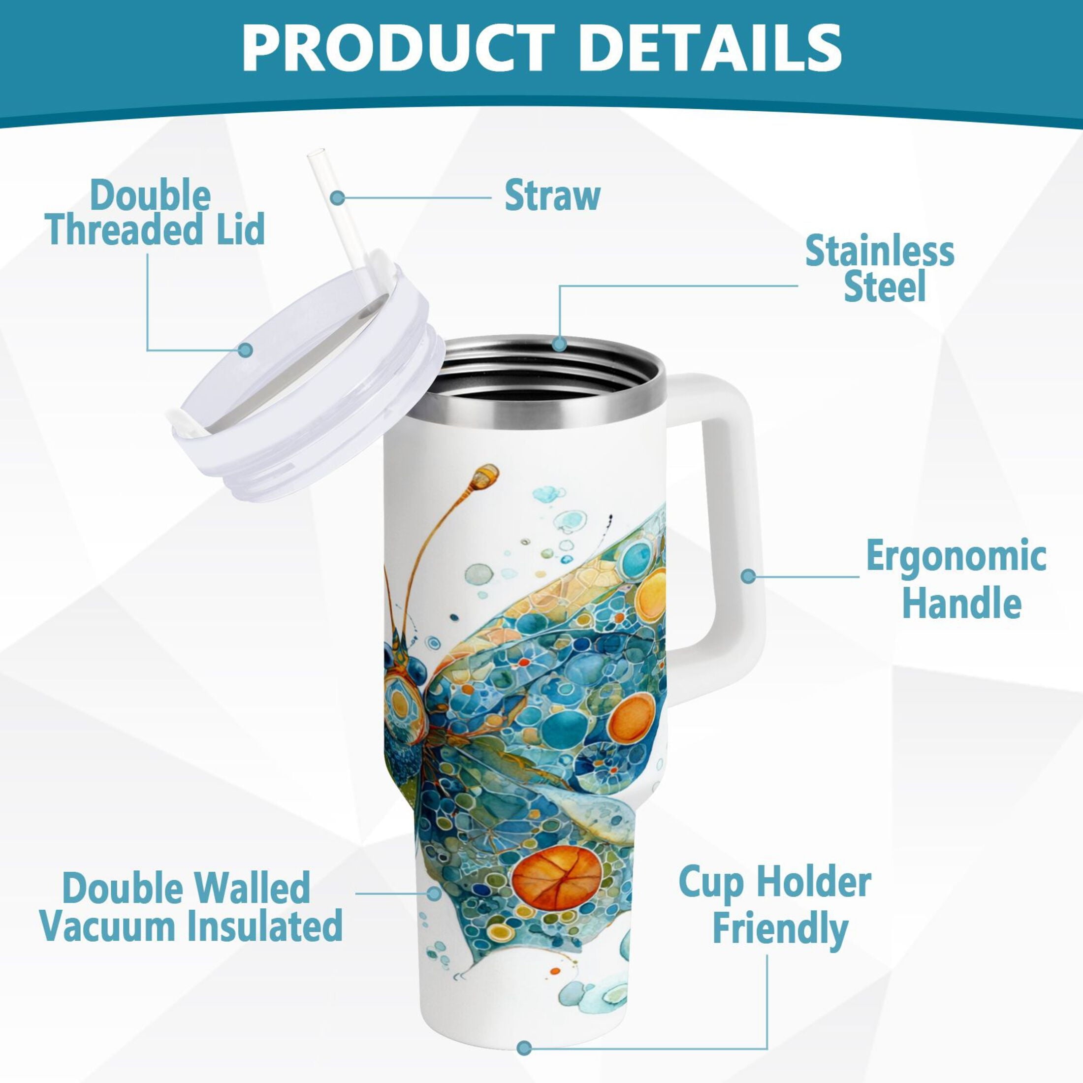 40 oz Insulated Stainless Steel Tumbler Double Wall Stainless Steel Tumbler with 2-Way Drinking Intricately Butterfly M484V
