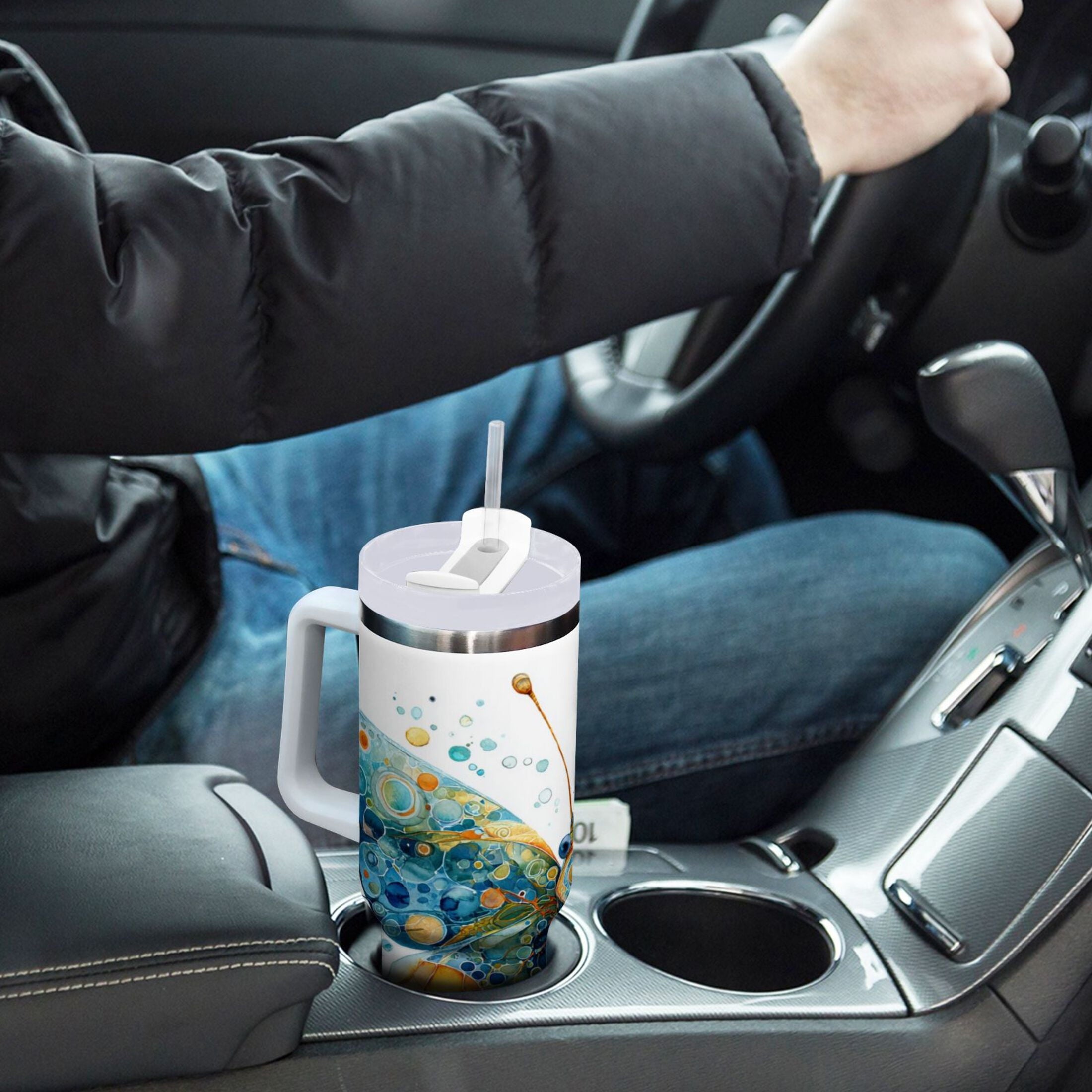 40 oz Insulated Stainless Steel Tumbler Double Wall Stainless Steel Tumbler with 2-Way Drinking Intricately Butterfly M484V