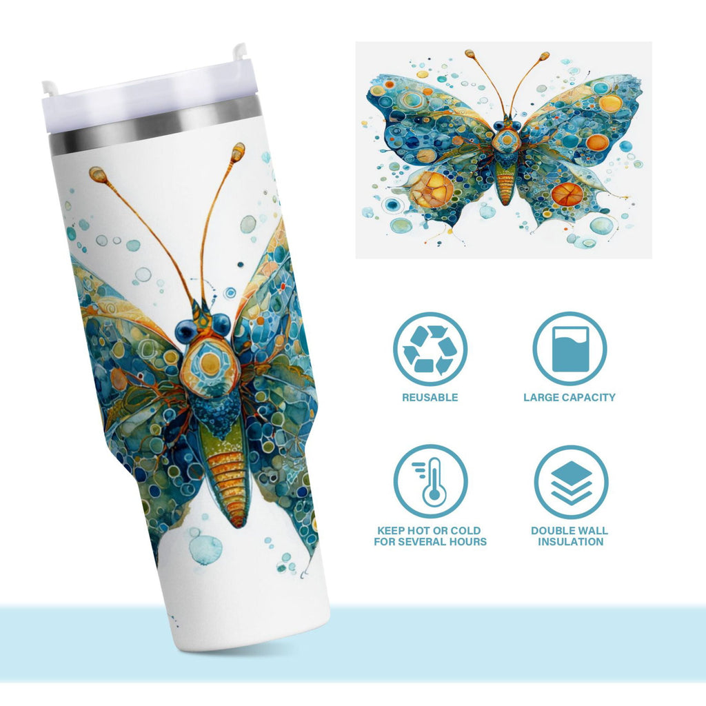 40 oz Insulated Stainless Steel Tumbler Double Wall Stainless Steel Tumbler with 2-Way Drinking Intricately Butterfly M484V