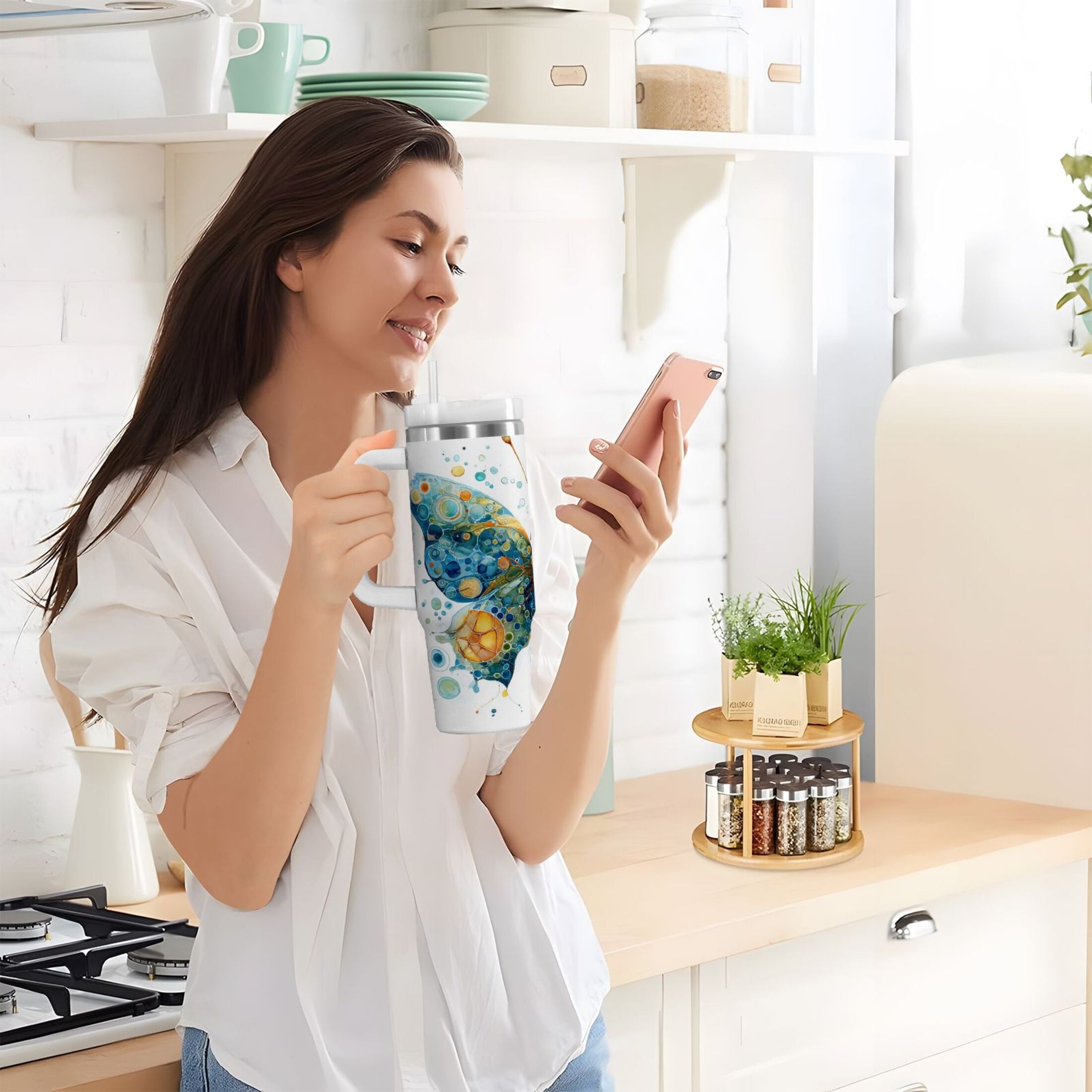 40 oz Insulated Stainless Steel Tumbler Double Wall Stainless Steel Tumbler with 2-Way Drinking Intricately Butterfly M484V