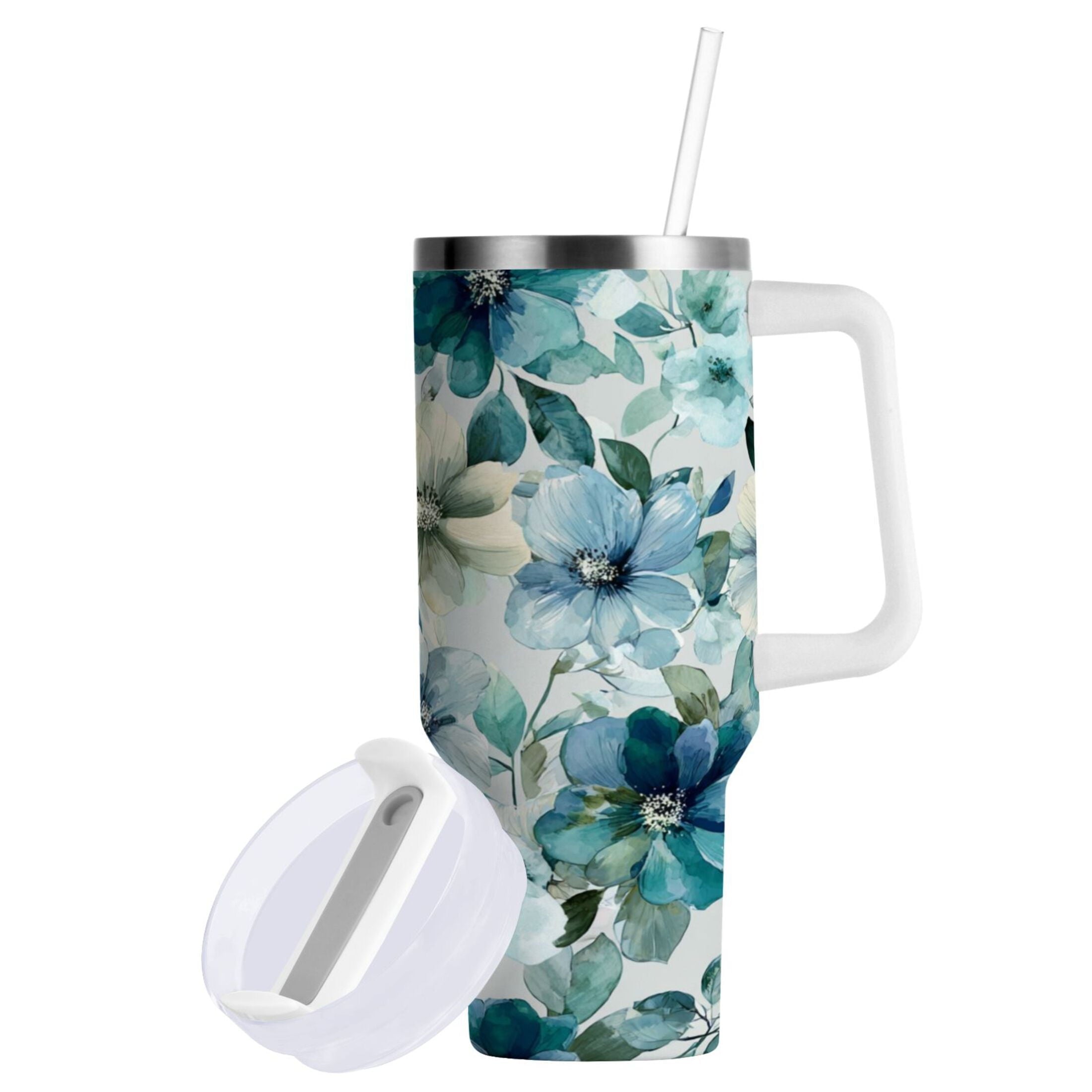 30 oz Insulated Stainless Steel Tumbler Double Wall Stainless Steel Tumbler with 2-Way Drinking Blue and Green Flowers M476M