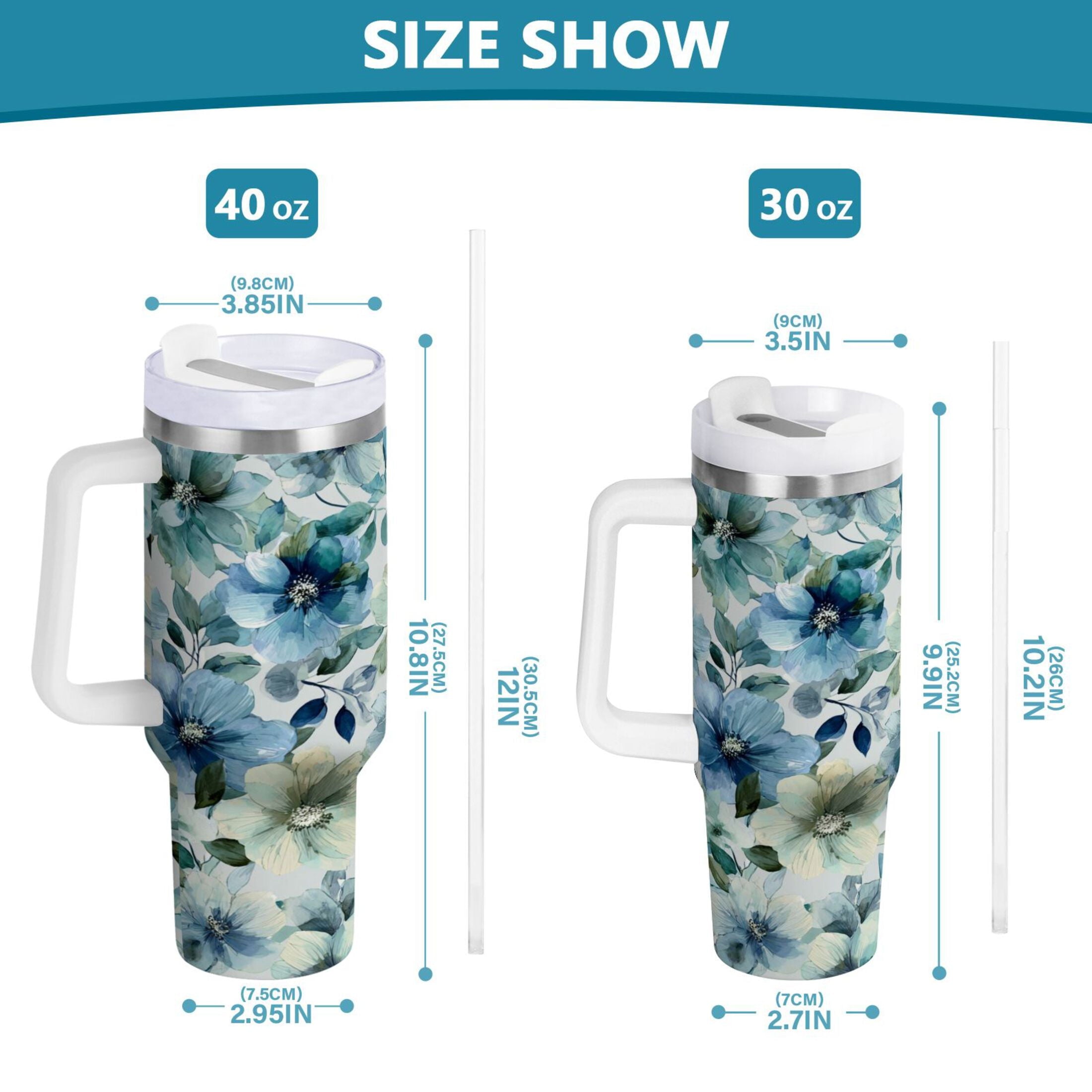 30 oz Insulated Stainless Steel Tumbler Double Wall Stainless Steel Tumbler with 2-Way Drinking Blue and Green Flowers M476M