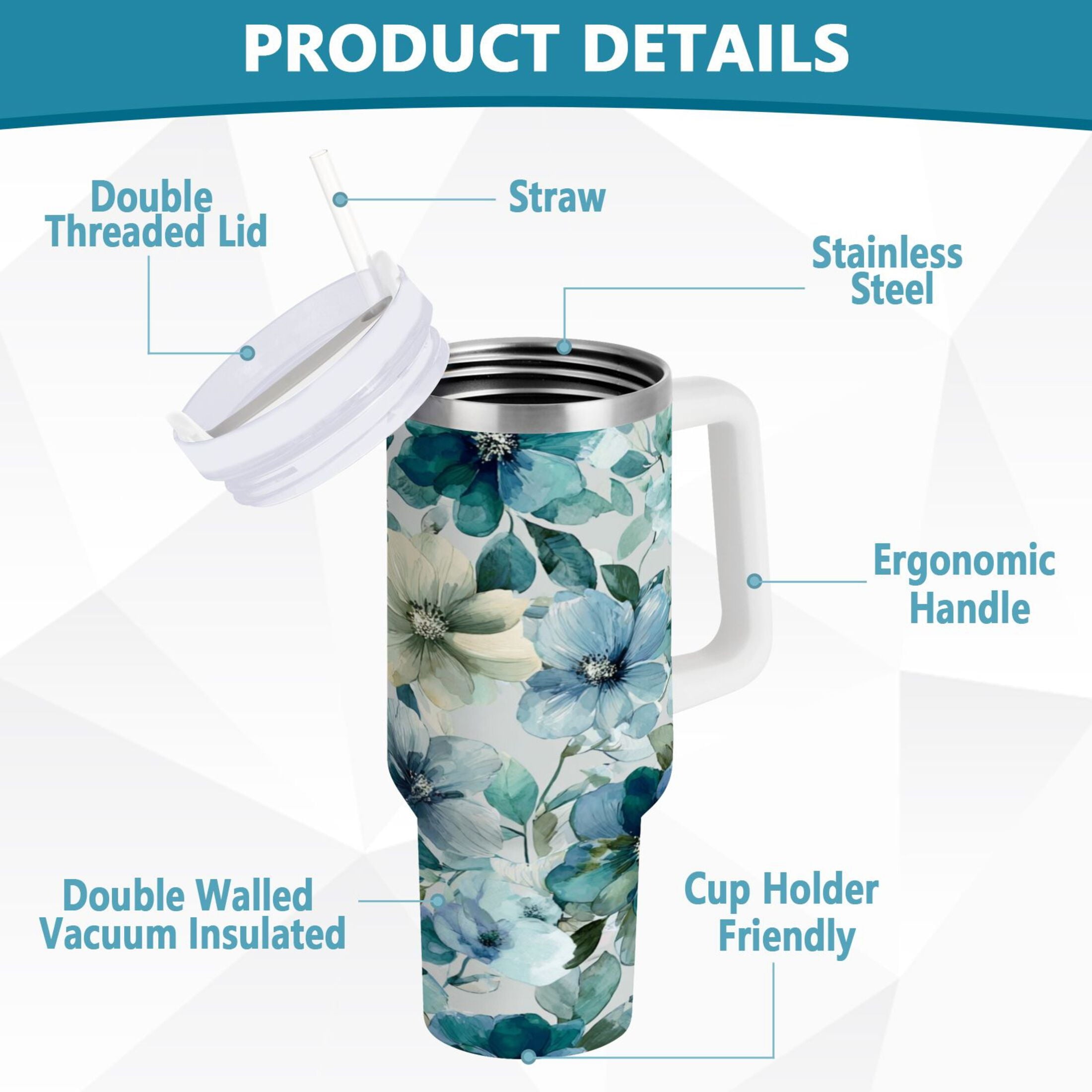 30 oz Insulated Stainless Steel Tumbler Double Wall Stainless Steel Tumbler with 2-Way Drinking Blue and Green Flowers M476M