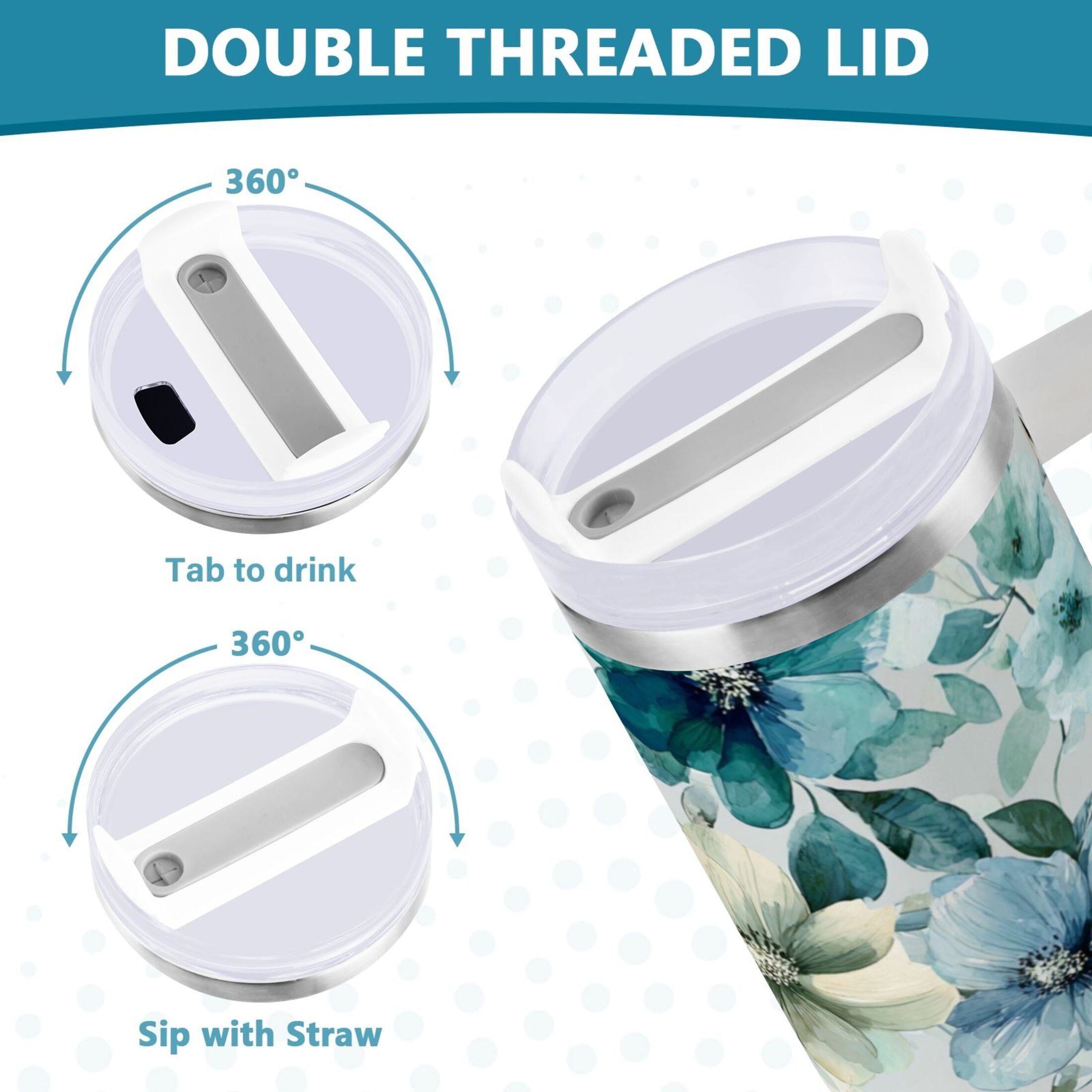 30 oz Insulated Stainless Steel Tumbler Double Wall Stainless Steel Tumbler with 2-Way Drinking Blue and Green Flowers M476M