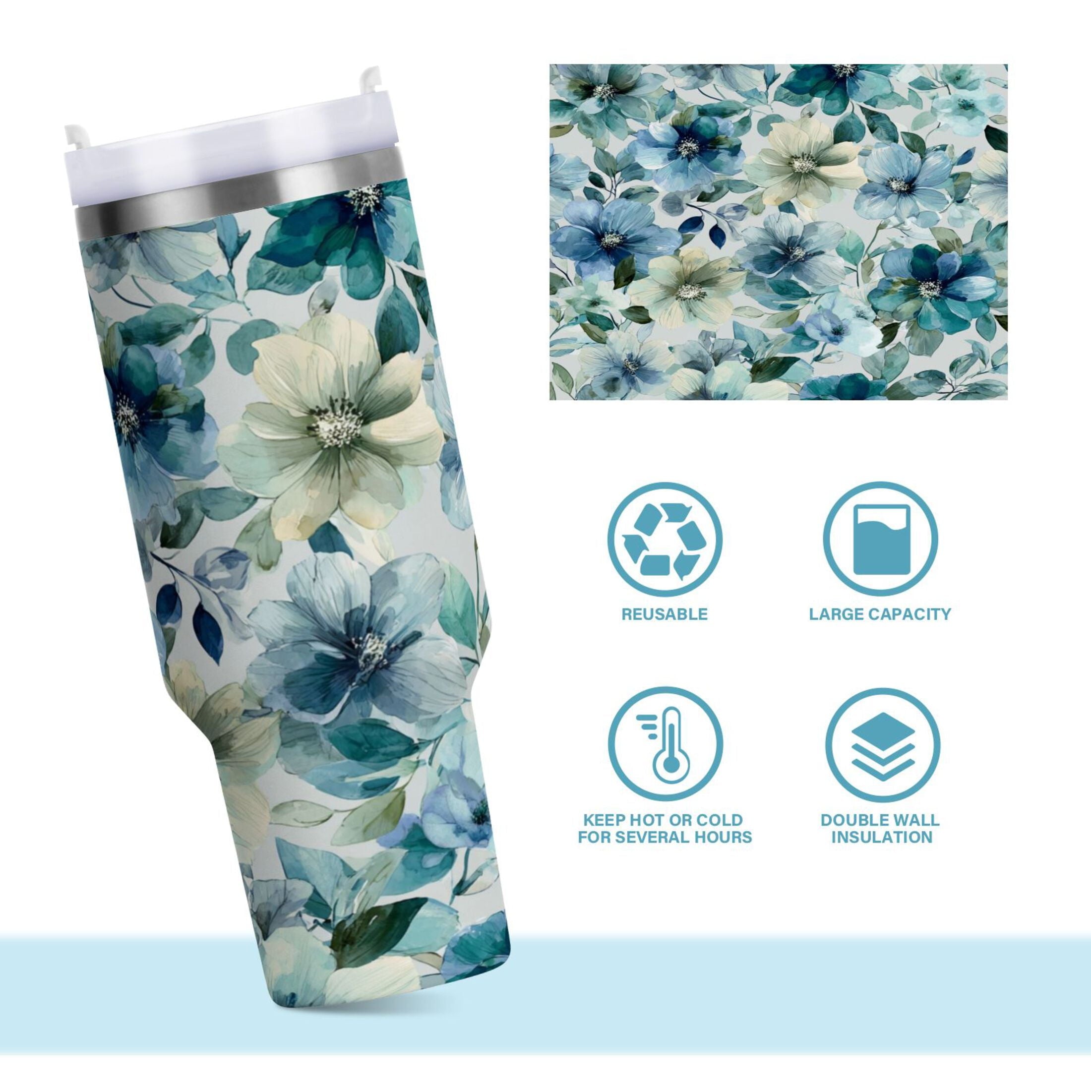 30 oz Insulated Stainless Steel Tumbler Double Wall Stainless Steel Tumbler with 2-Way Drinking Blue and Green Flowers M476M