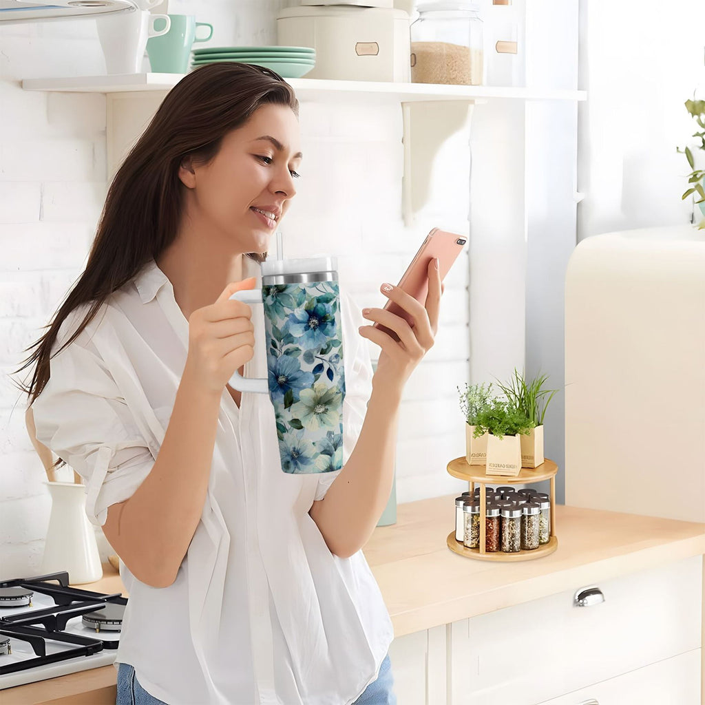 30 oz Insulated Stainless Steel Tumbler Double Wall Stainless Steel Tumbler with 2-Way Drinking Blue and Green Flowers M476M