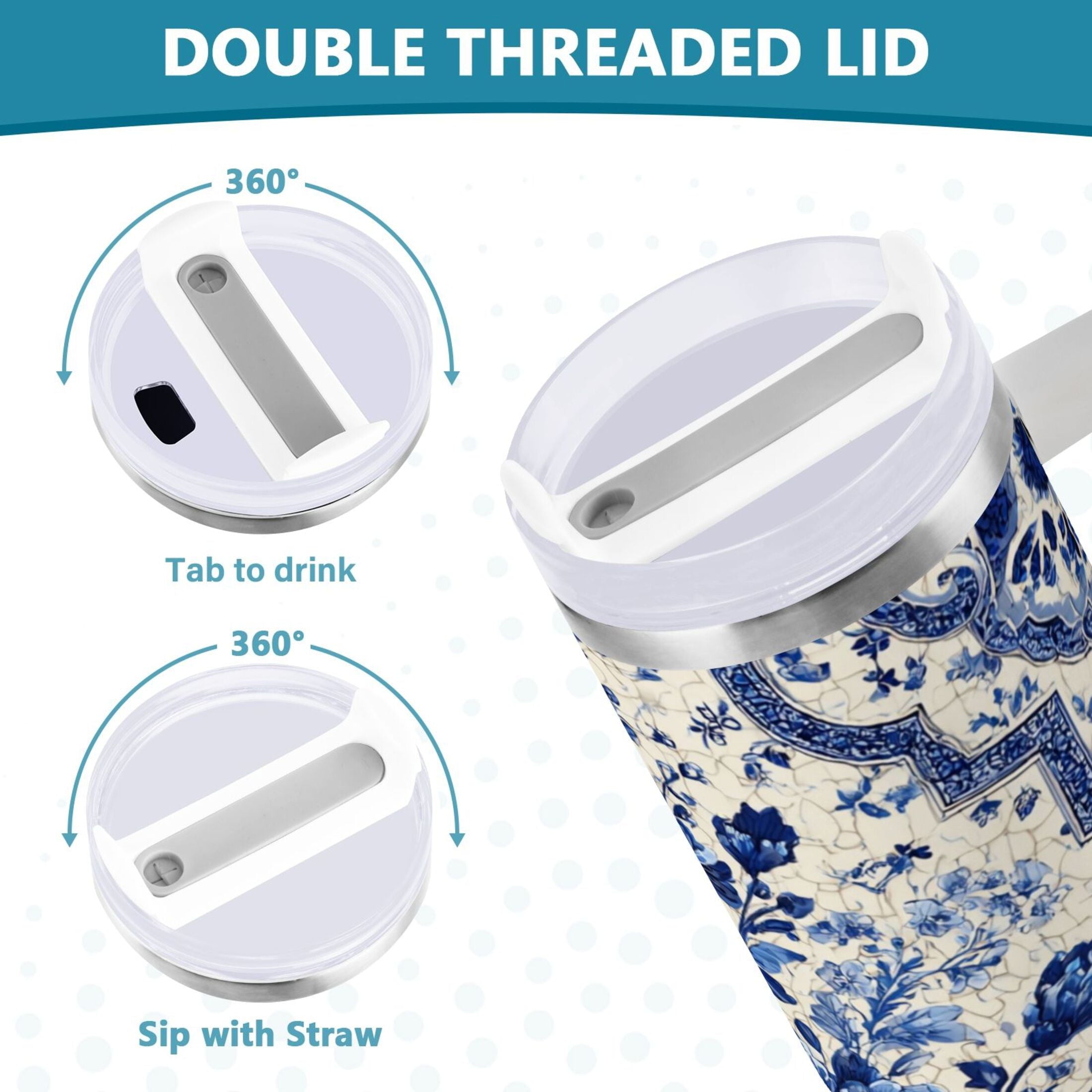 30 oz Insulated Stainless Steel Tumbler Double Wall Stainless Steel Tumbler with 2-Way Drinking Blue and White Porcelain-style M576W