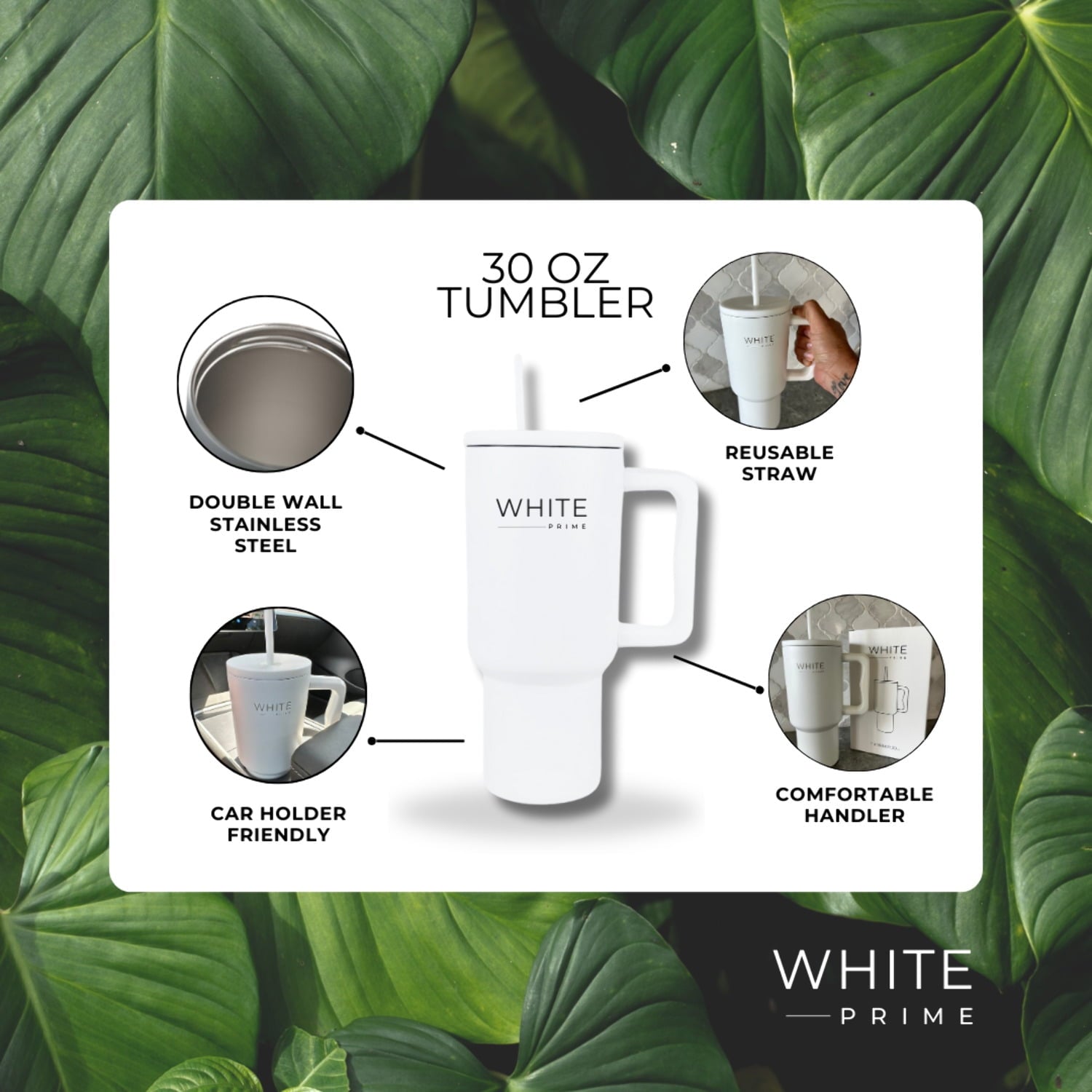 Tumbler 30 oz – Stainless Steel Cup with Handle and Lid | White Prime M420G