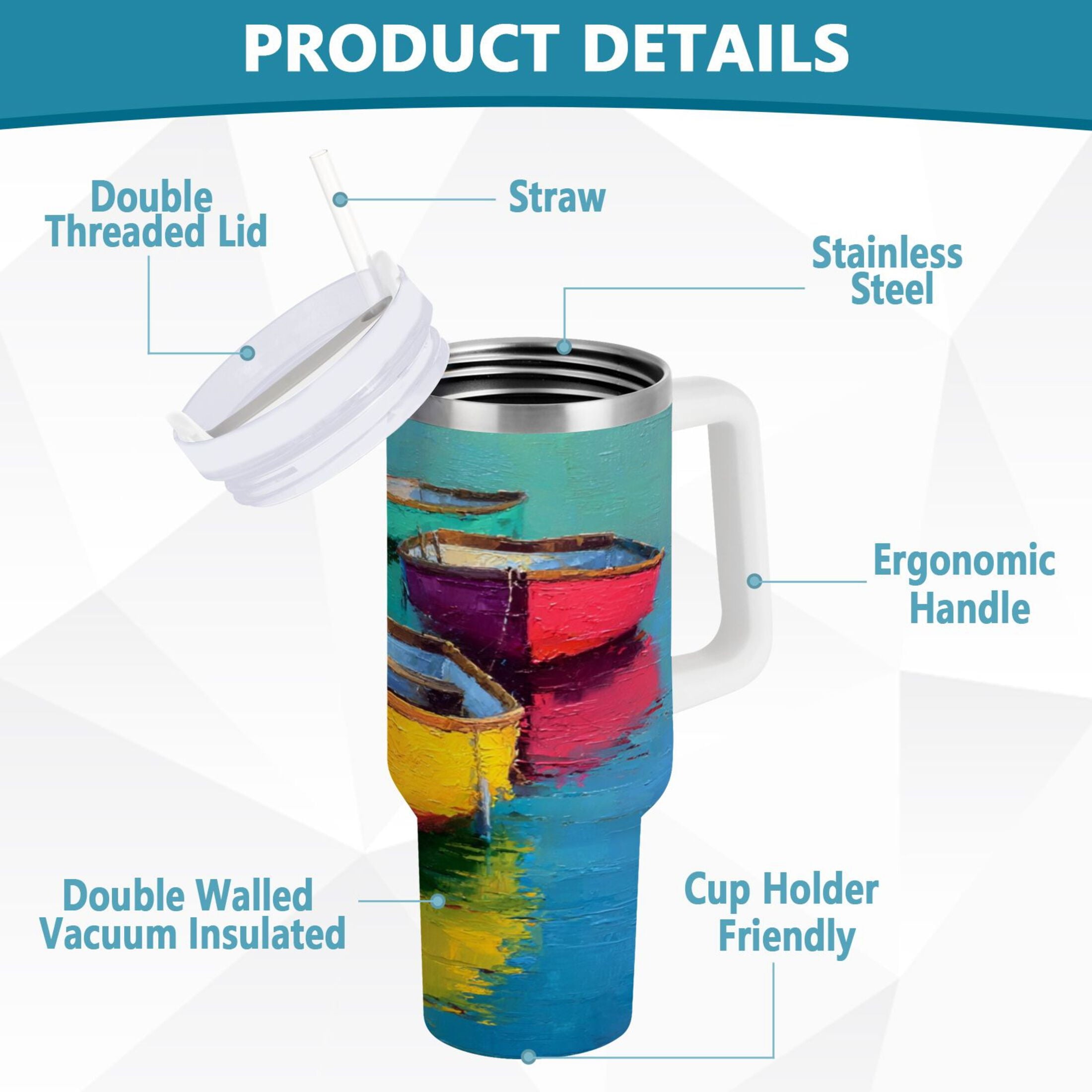30 oz Insulated Stainless Steel Tumbler Double Wall Stainless Steel Tumbler with 2-Way Drinking Colorful Row Boats M555V
