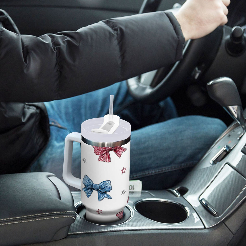 40 oz Insulated Stainless Steel Tumbler Double Wall Stainless Steel Tumbler with 2-Way Drinking Red and Blue Stripes Bows M510M