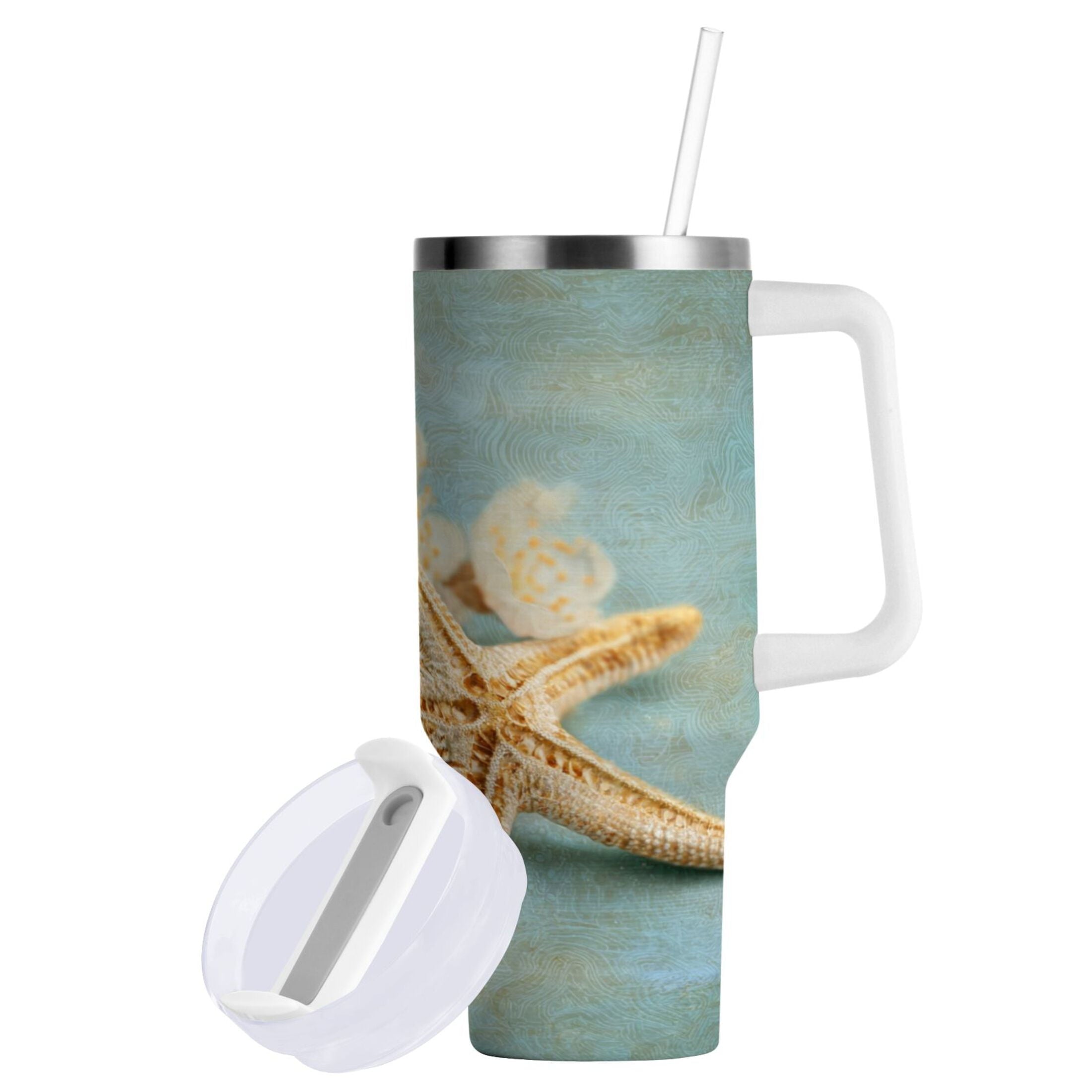 30 oz Insulated Stainless Steel Tumbler Double Wall Stainless Steel Tumbler with 2-Way Drinking Starfish with Flowers M451A