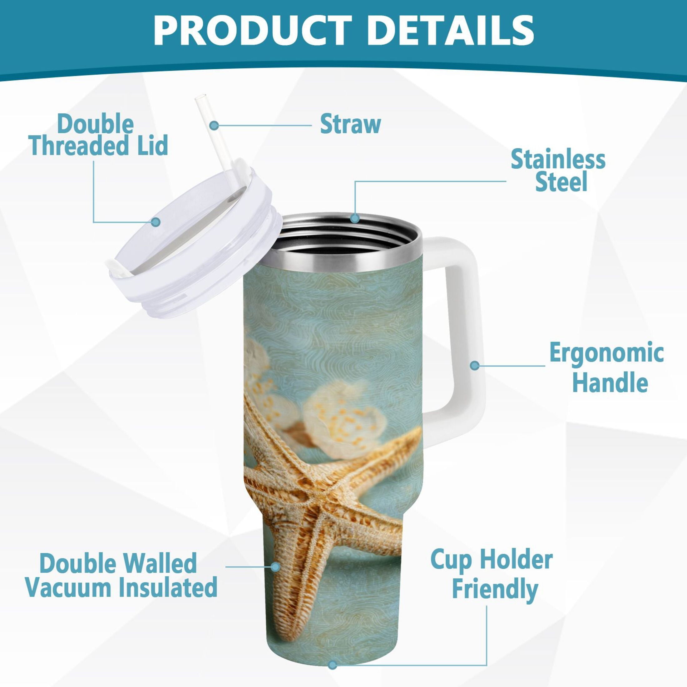 30 oz Insulated Stainless Steel Tumbler Double Wall Stainless Steel Tumbler with 2-Way Drinking Starfish with Flowers M451A