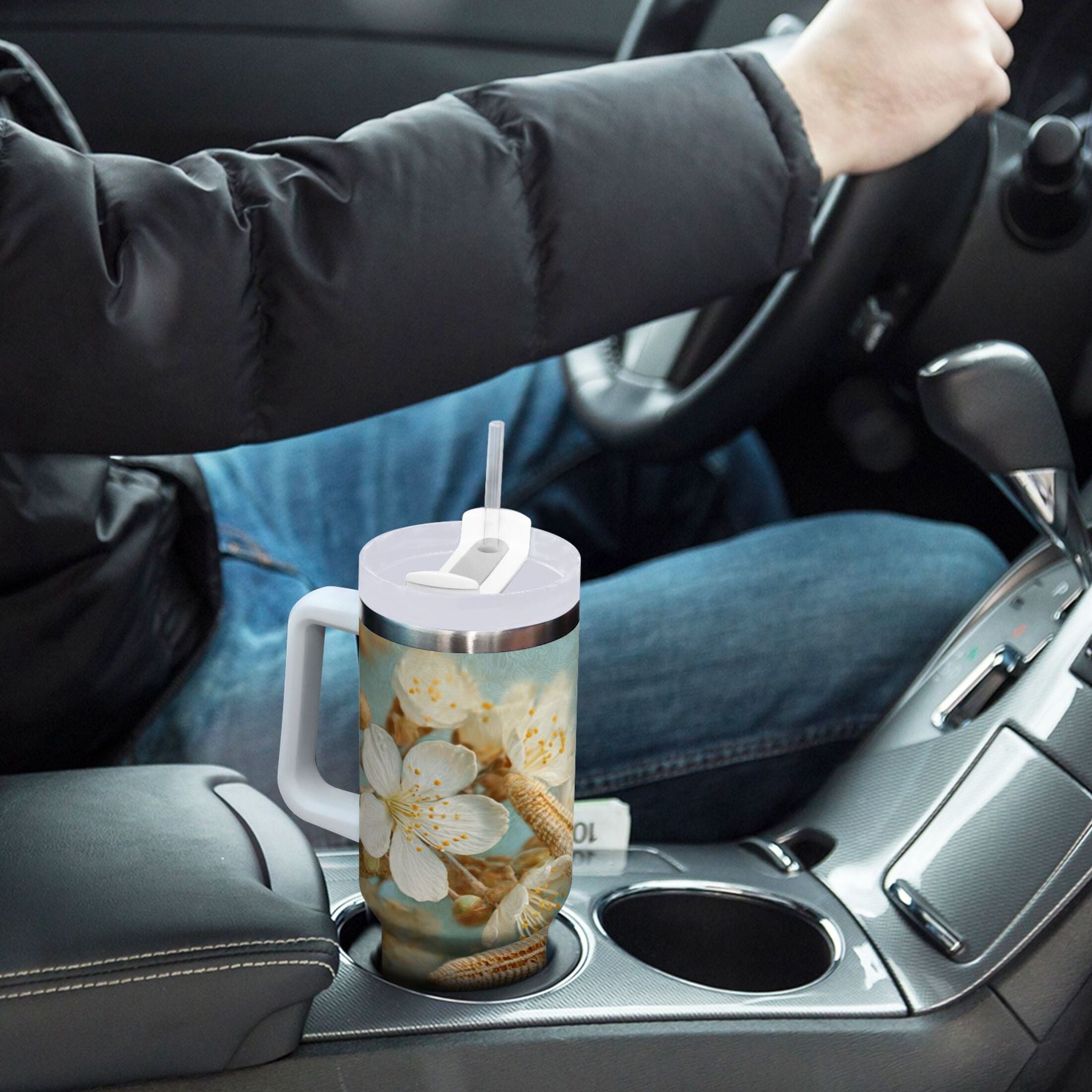 30 oz Insulated Stainless Steel Tumbler Double Wall Stainless Steel Tumbler with 2-Way Drinking Starfish with Flowers M451A