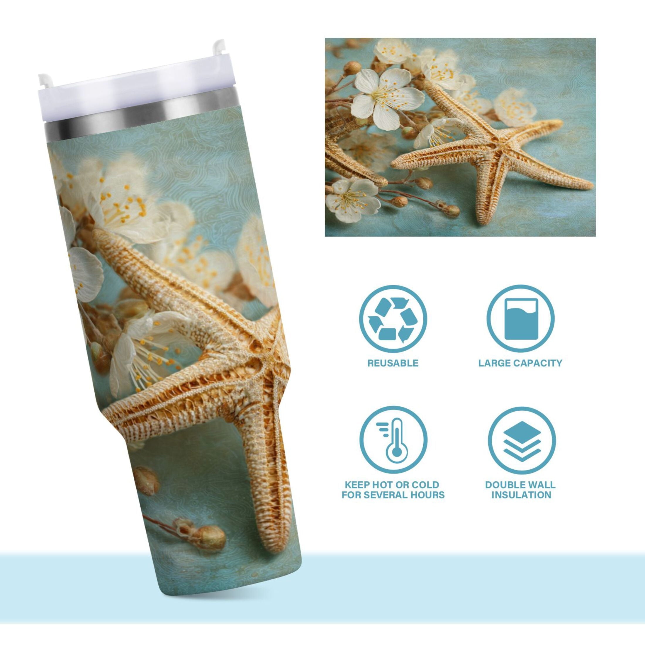30 oz Insulated Stainless Steel Tumbler Double Wall Stainless Steel Tumbler with 2-Way Drinking Starfish with Flowers M451A