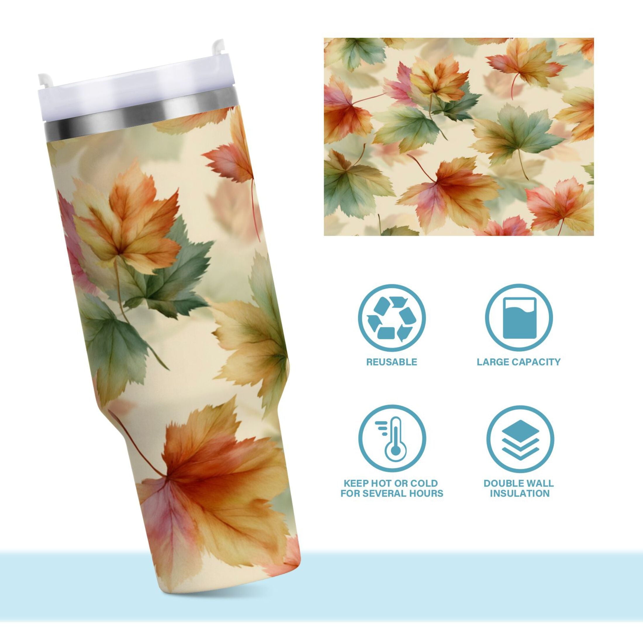 40 oz Insulated Stainless Steel Tumbler Double Wall Stainless Steel Tumbler with 2-Way Drinking Watercolor Maple Leaves Pattern M513M