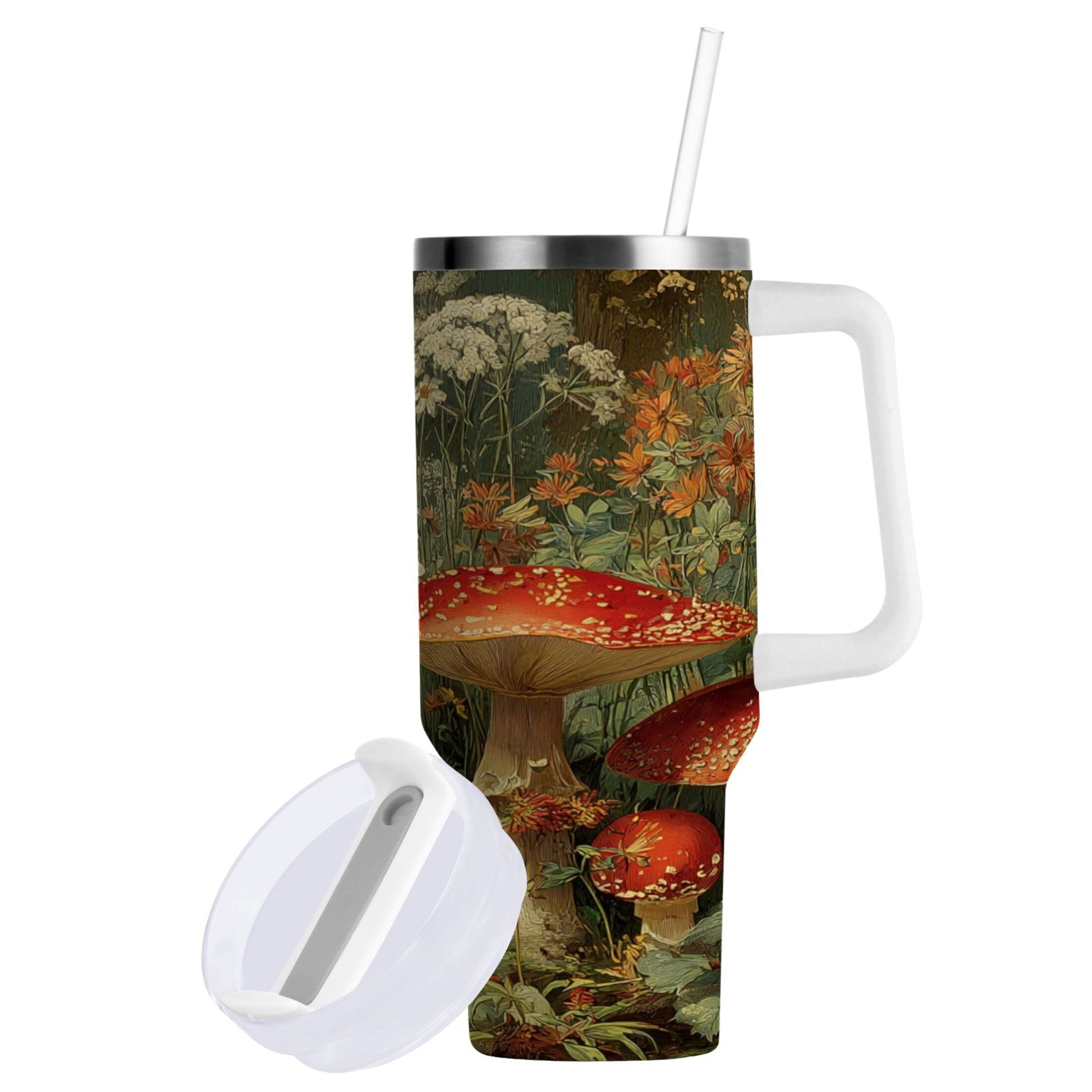 40 oz Insulated Stainless Steel Tumbler Double Wall Stainless Steel Tumbler with 2-Way Drinking Red Mushrooms M505Z