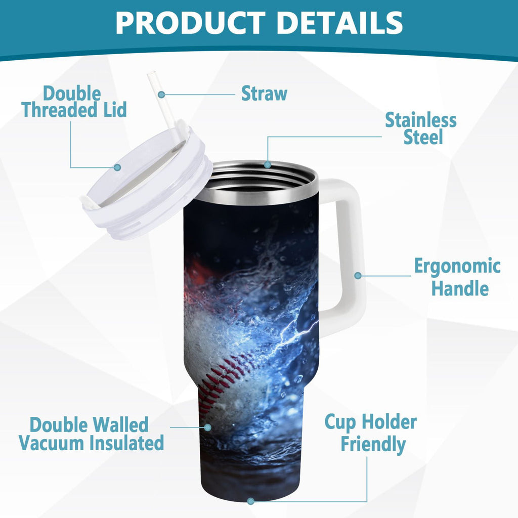 40 oz Insulated Stainless Steel Tumbler Double Wall Stainless Steel Tumbler with 2-Way Drinking Baseball with Water and Fire M680S