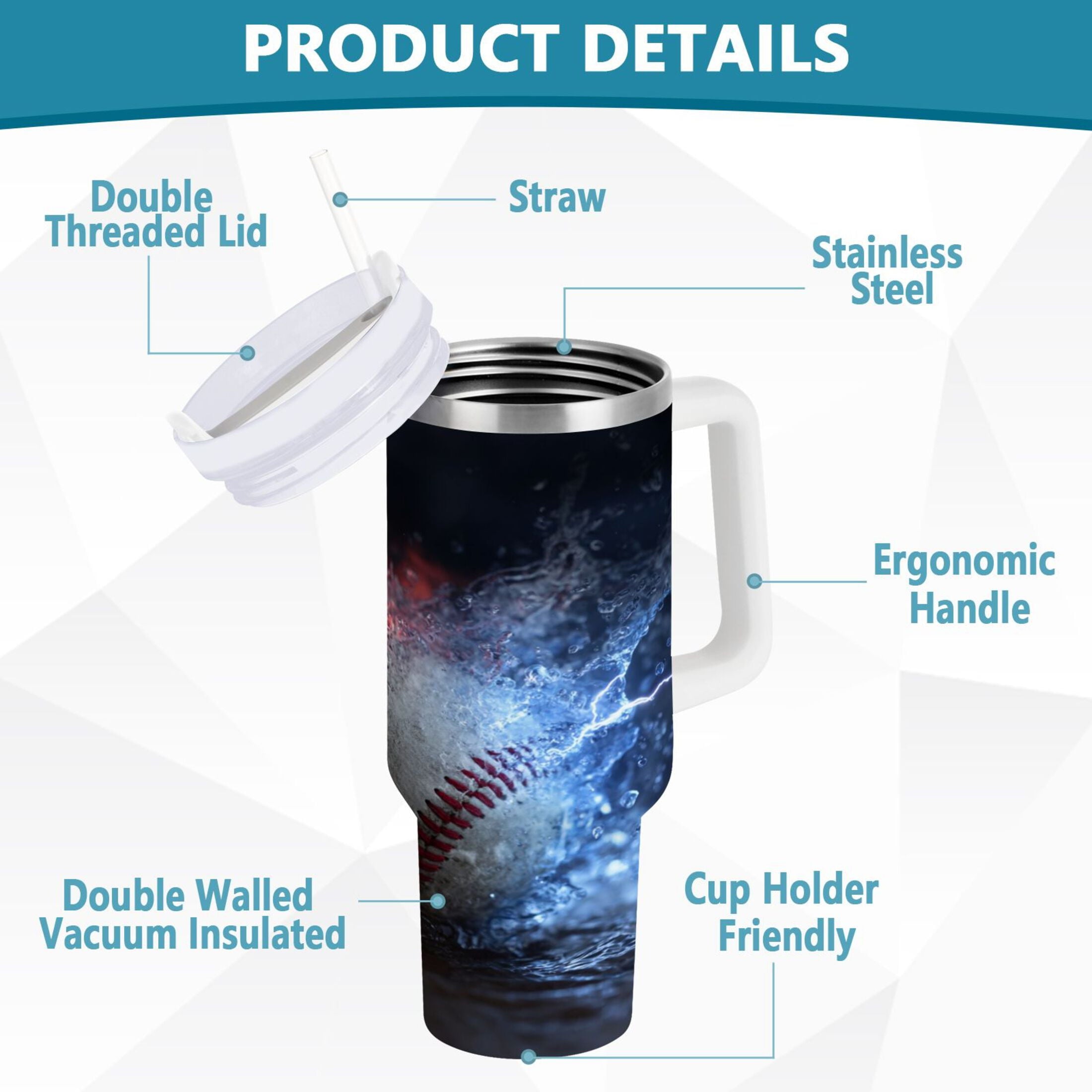 40 oz Insulated Stainless Steel Tumbler Double Wall Stainless Steel Tumbler with 2-Way Drinking Baseball with Water and Fire M680S