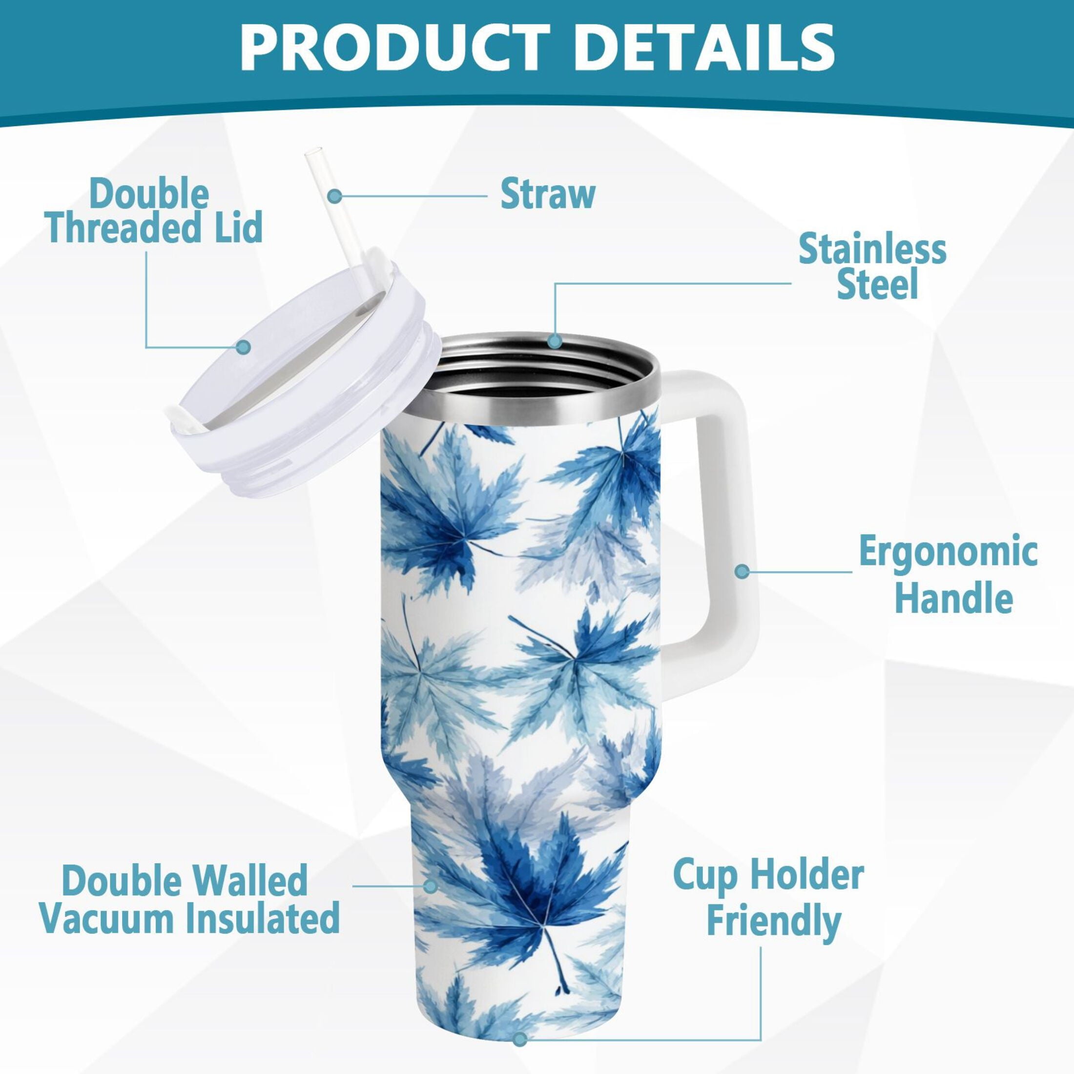 30 oz Insulated Stainless Steel Tumbler Double Wall Stainless Steel Tumbler with 2-Way Drinking Abstract Blue Maple Leaves M581Z