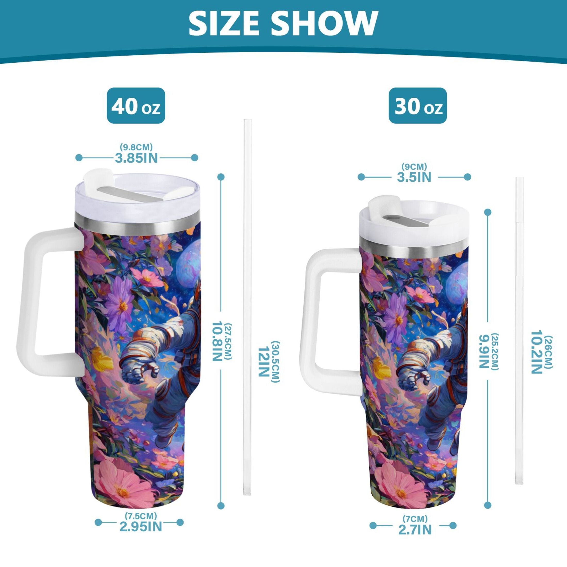 40 oz Insulated Stainless Steel Tumbler Double Wall Stainless Steel Tumbler with 2-Way Drinking Astronaut and Colorful Flowers M562S