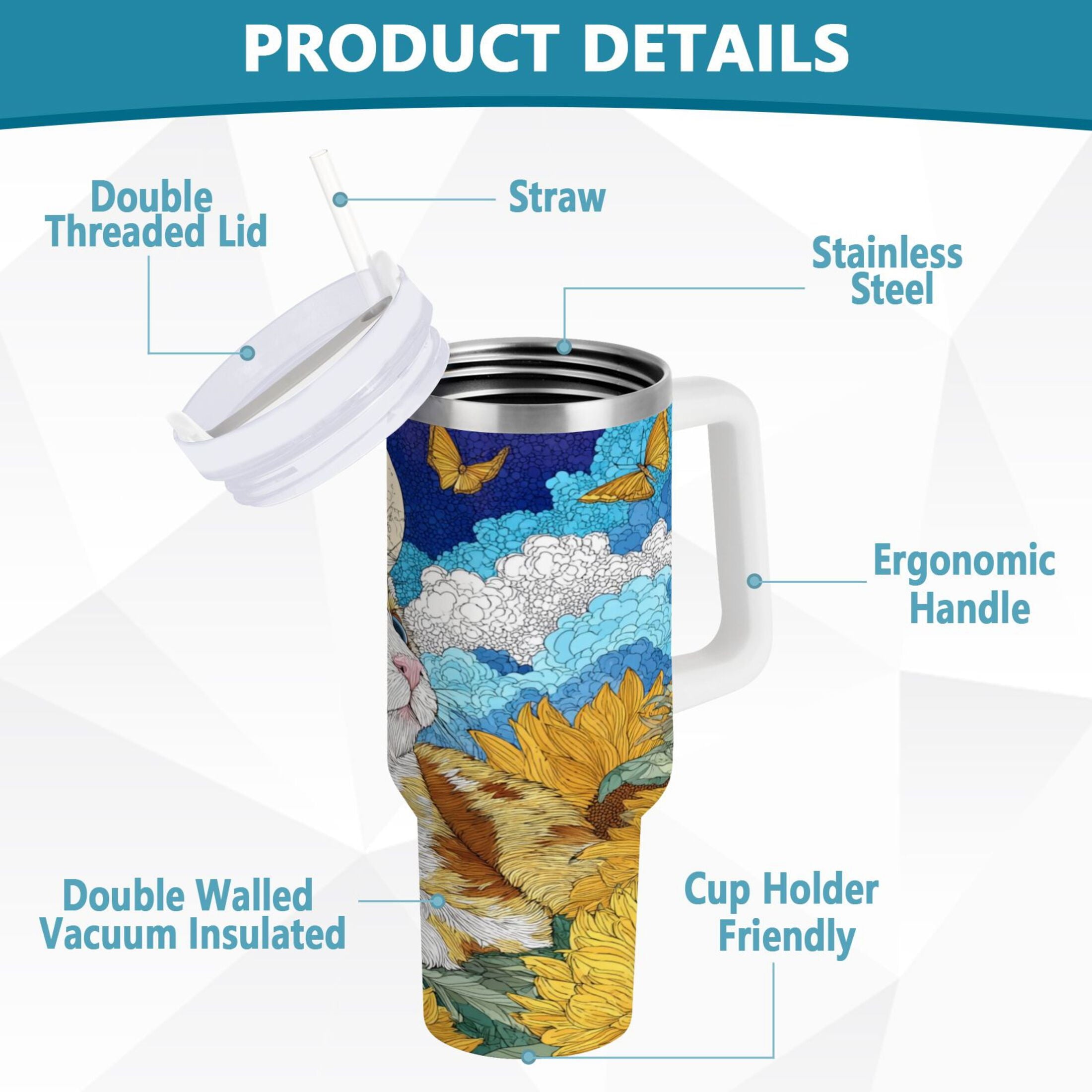 40 oz Insulated Stainless Steel Tumbler Double Wall Stainless Steel Tumbler with 2-Way Drinking Cat Lies in The Sunflowers M651S