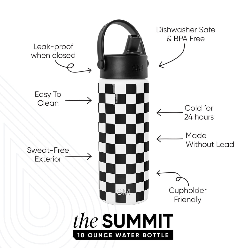 Simple Modern 18 fl oz Insulated Stainless Steel Summit Wide Mouth Water Bottle with Handle and Straw Lid|Black and White Checkmate M398U